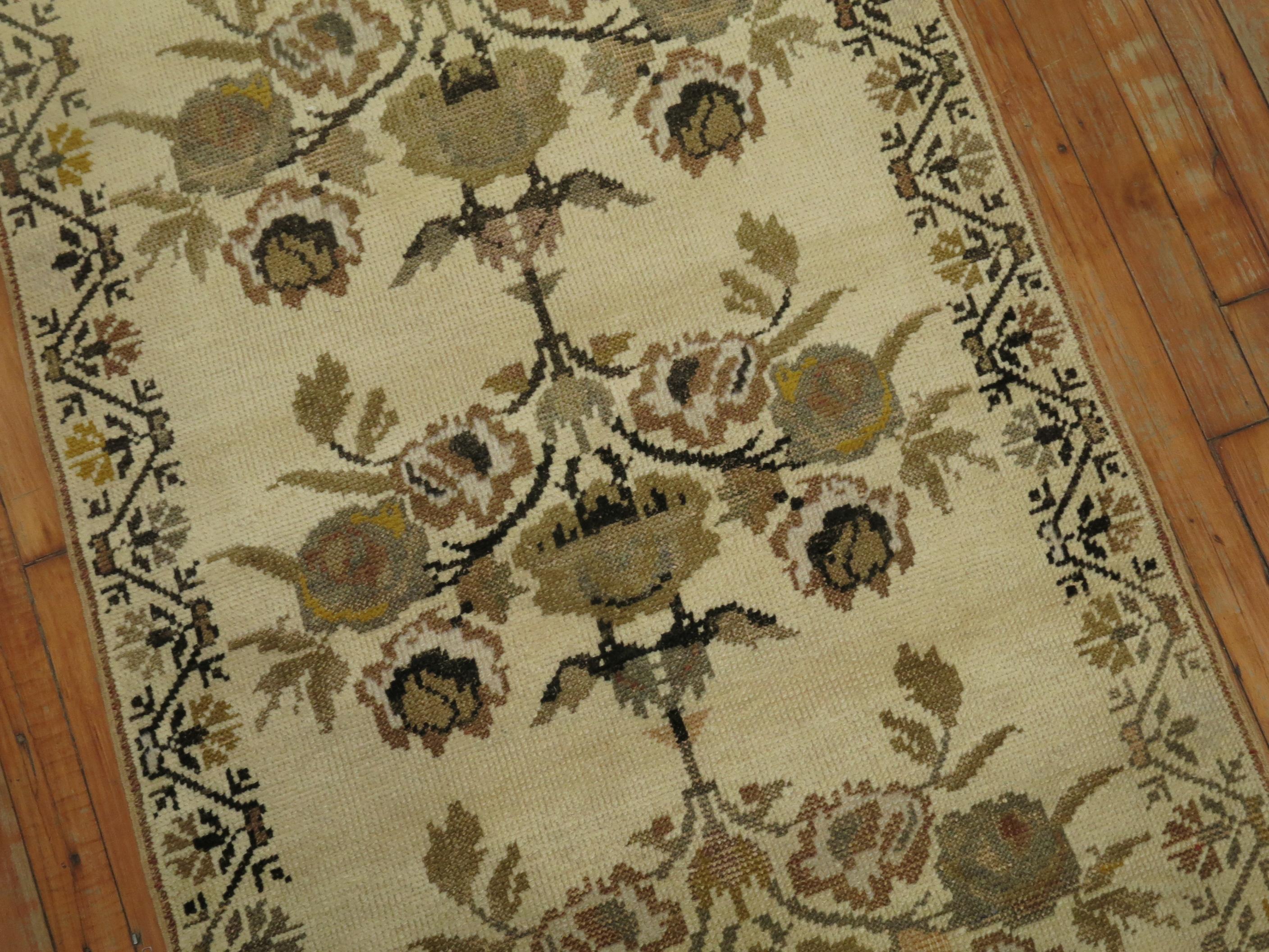 One of a kind decorative Vintage Turkish Konya runner in white and olive green.