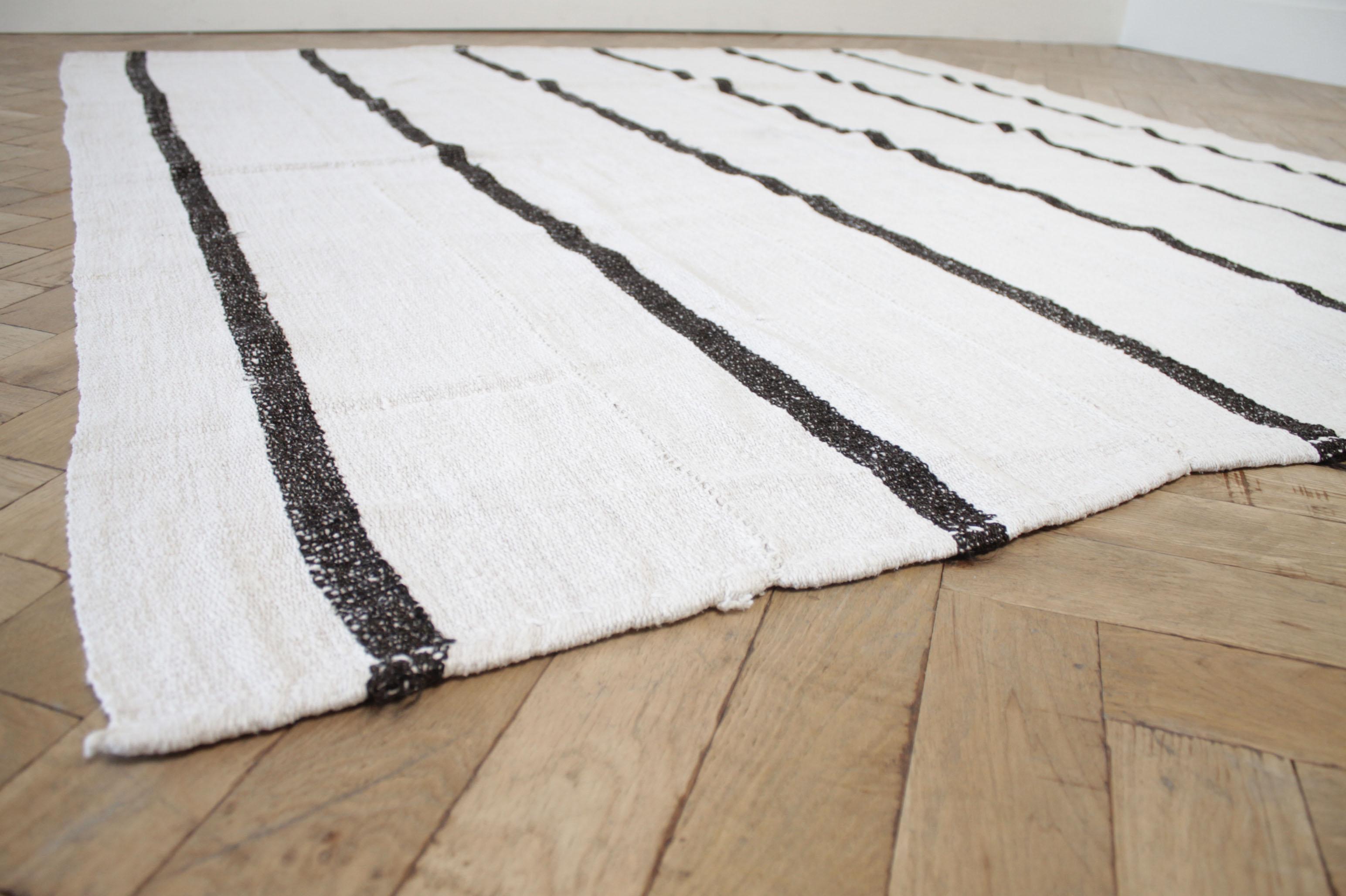 Asian Vintage Turkish Wool and Hemp Rug in Creamy White with Brown Stripes