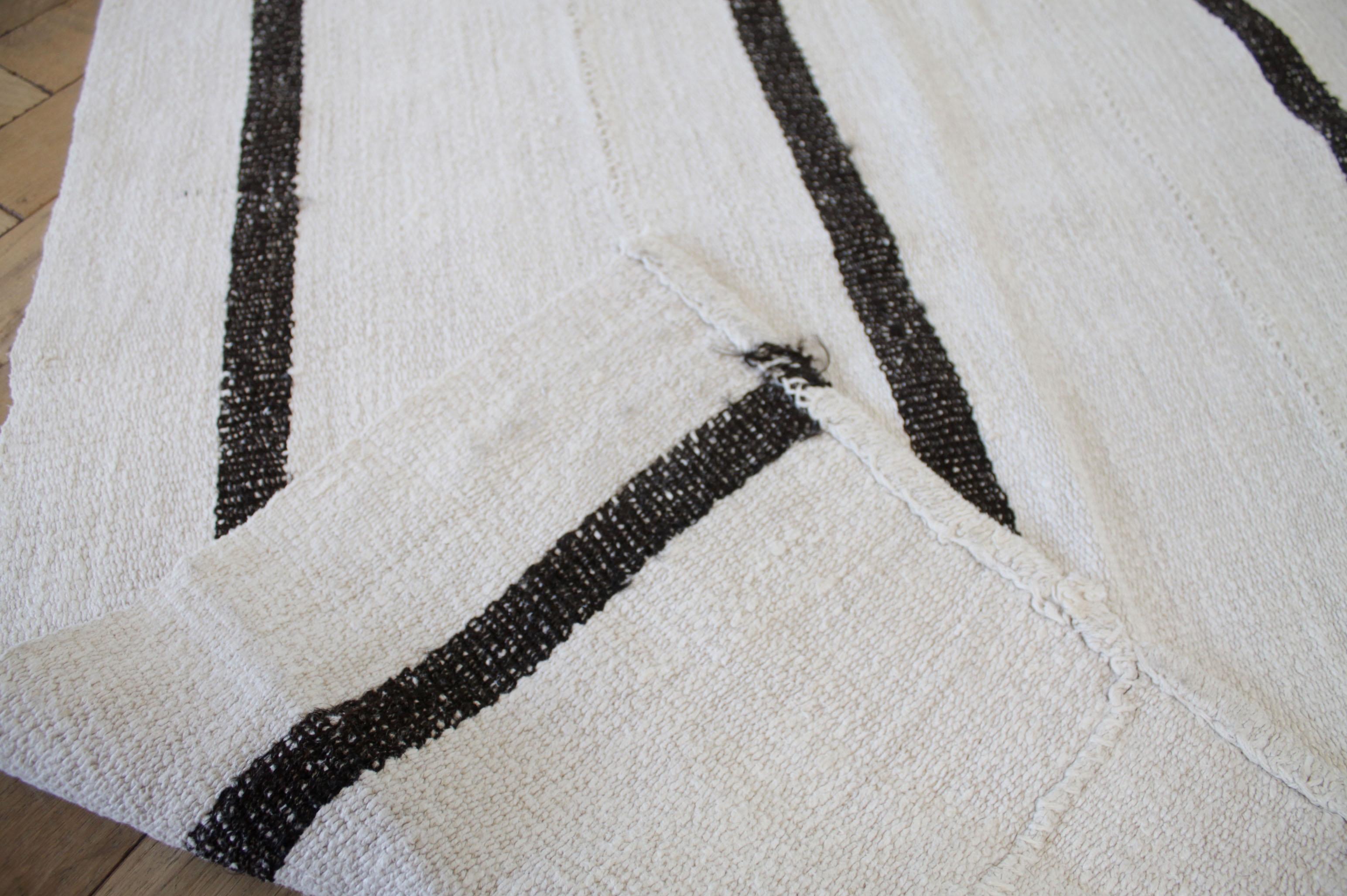 Vintage Turkish Wool and Hemp Rug in Creamy White with Brown Stripes In Good Condition In Brea, CA