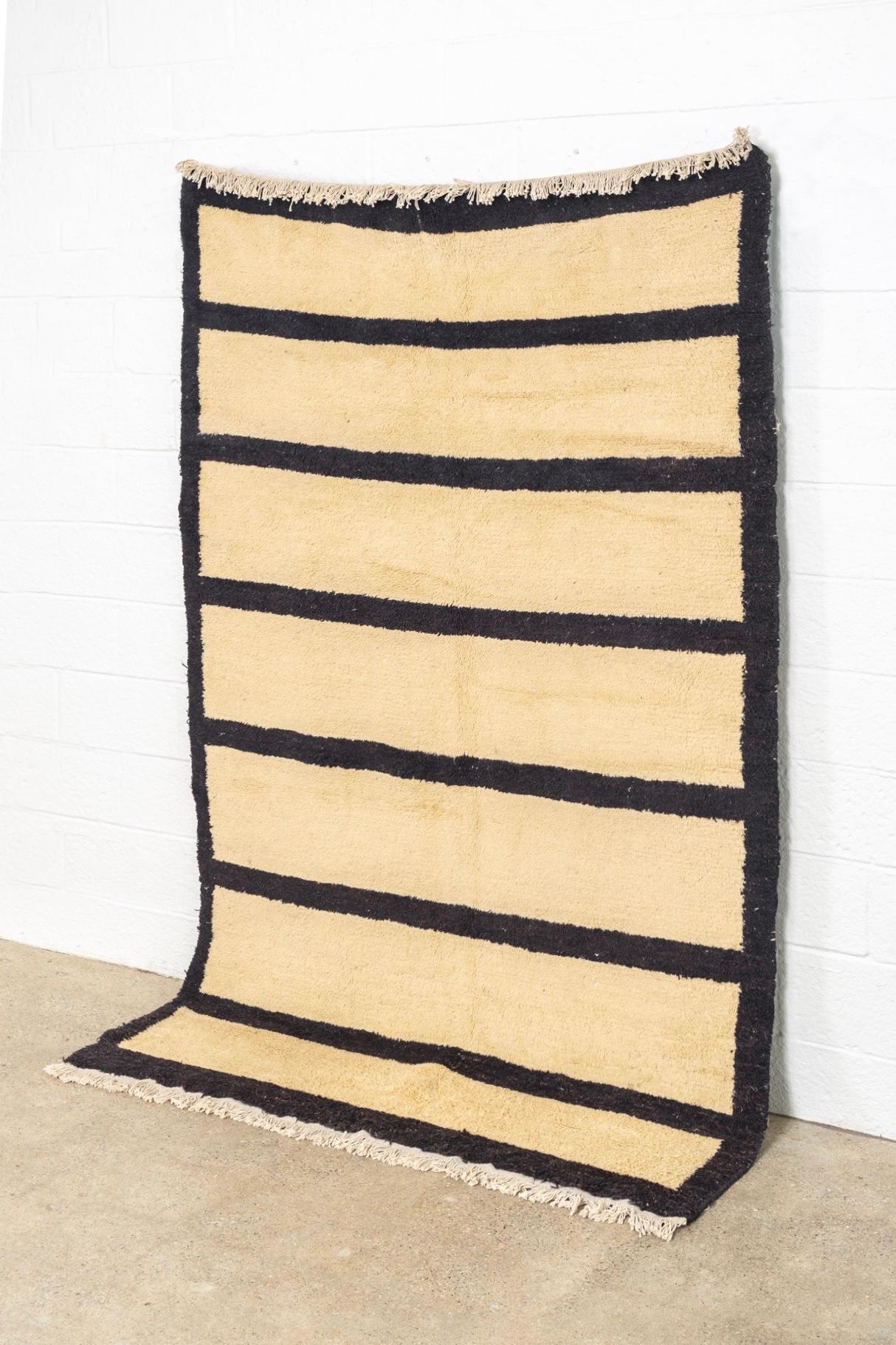 Tribal Vintage Turkish Wool Floor Rug in Beige and Dark Brown Stripes For Sale