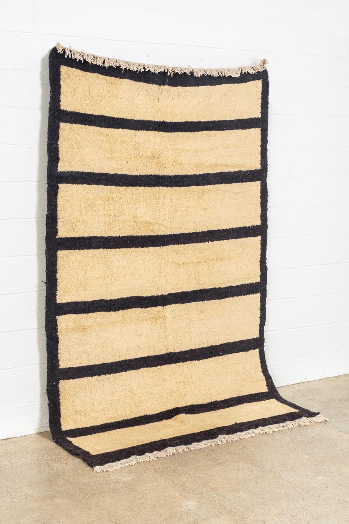 Hand-Woven Vintage Turkish Wool Floor Rug in Beige and Dark Brown Stripes For Sale