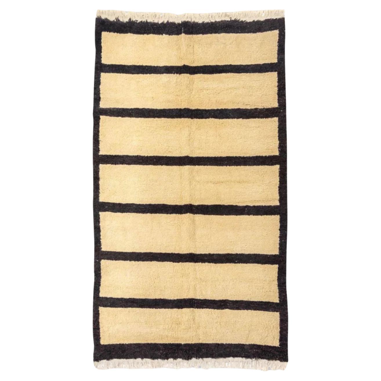 Vintage Turkish Floor Rug in Beige and Black Striped Shaggy Wool For