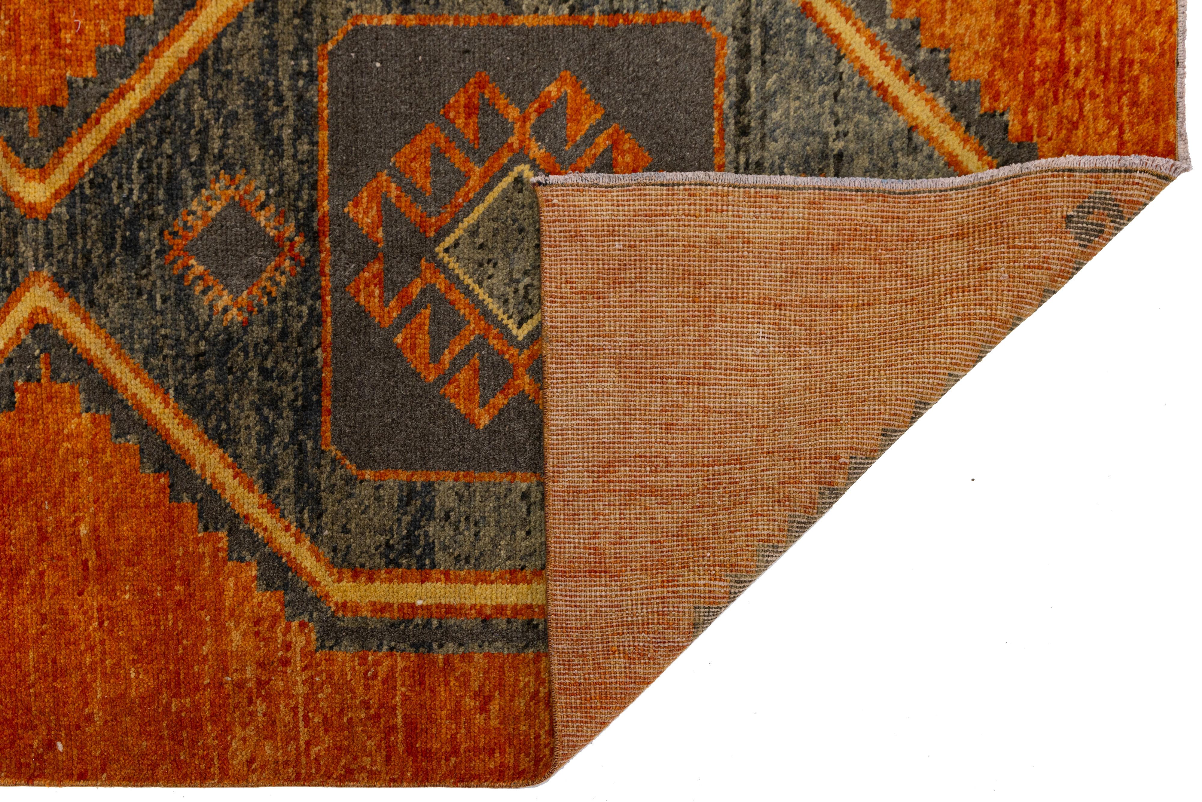 Mid-Century Modern Vintage Turkish Wool Runner In Gray and Orange with Hexagonal Tribal Motifs For Sale