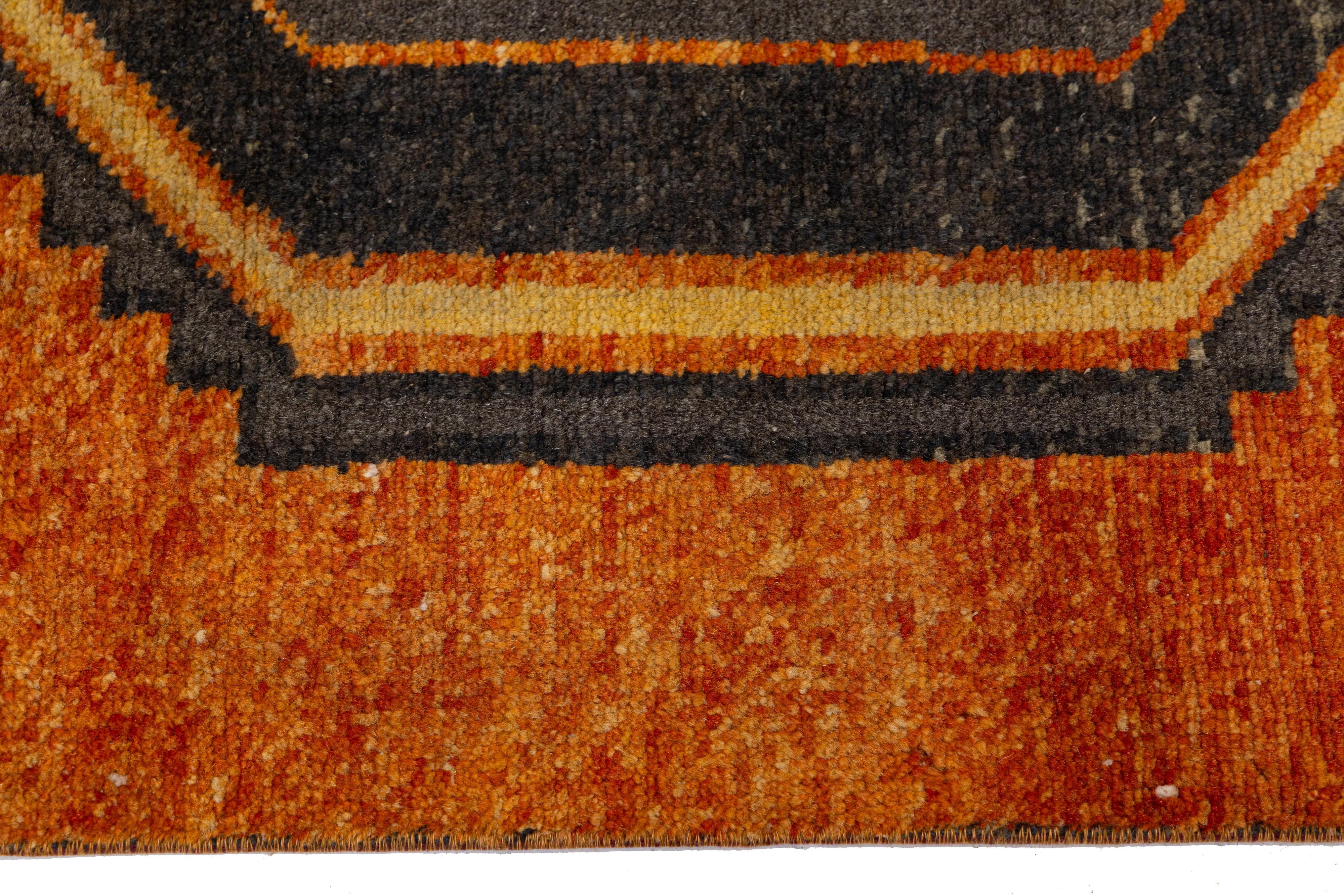 Vintage Turkish Wool Runner In Gray and Orange with Hexagonal Tribal Motifs In Excellent Condition For Sale In Norwalk, CT