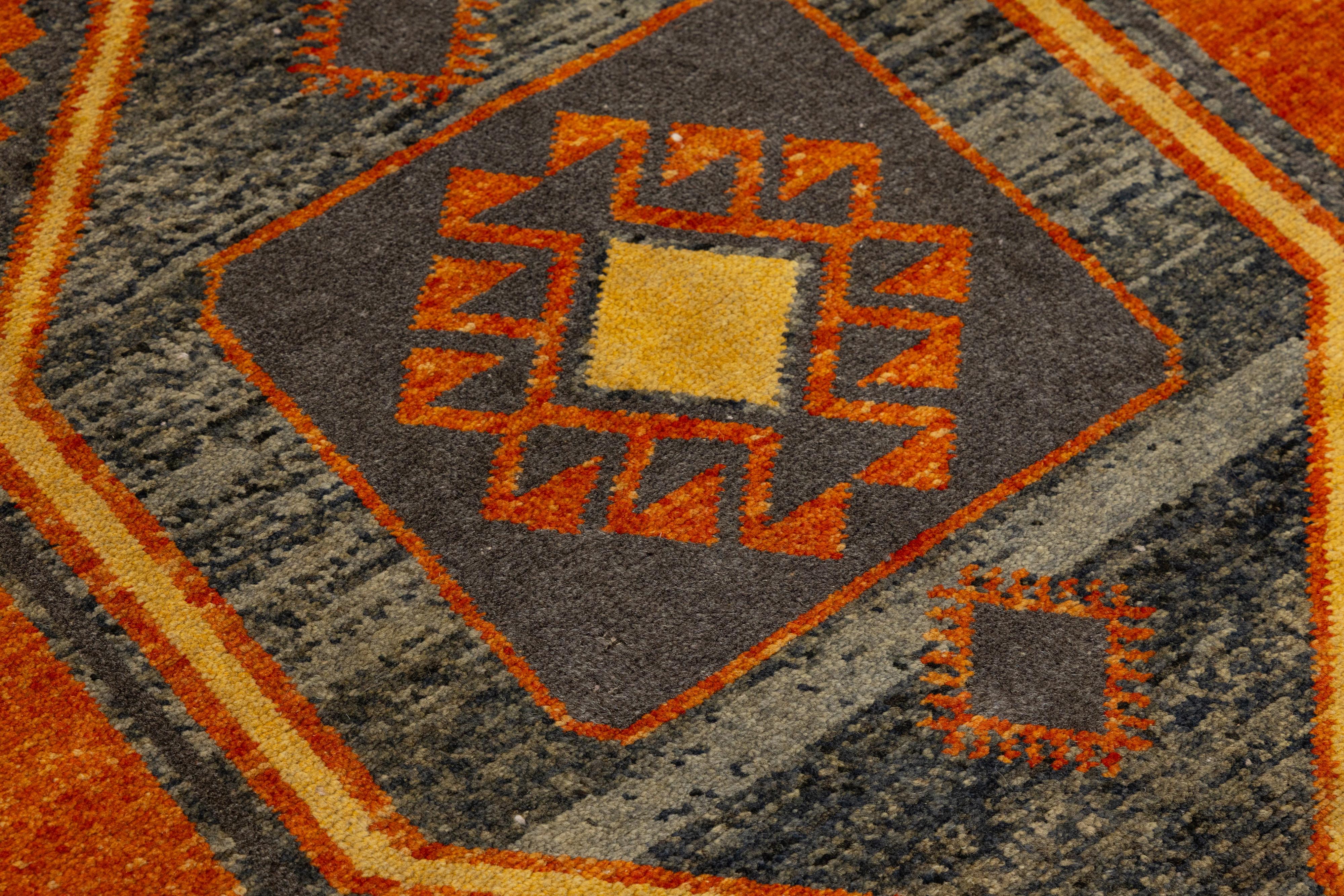 20th Century Vintage Turkish Wool Runner In Gray and Orange with Hexagonal Tribal Motifs For Sale