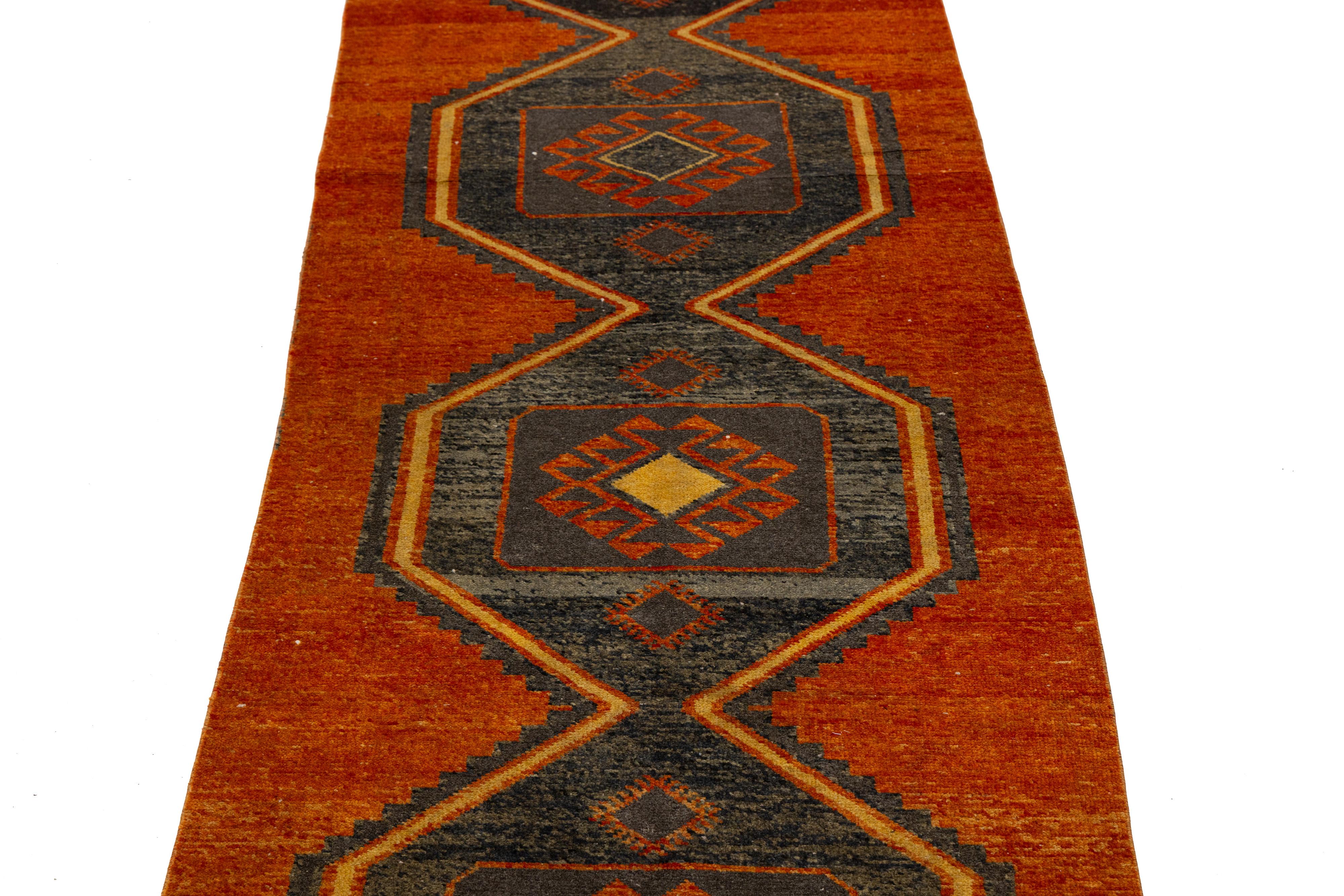 Vintage Turkish Wool Runner In Gray and Orange with Hexagonal Tribal Motifs For Sale 1
