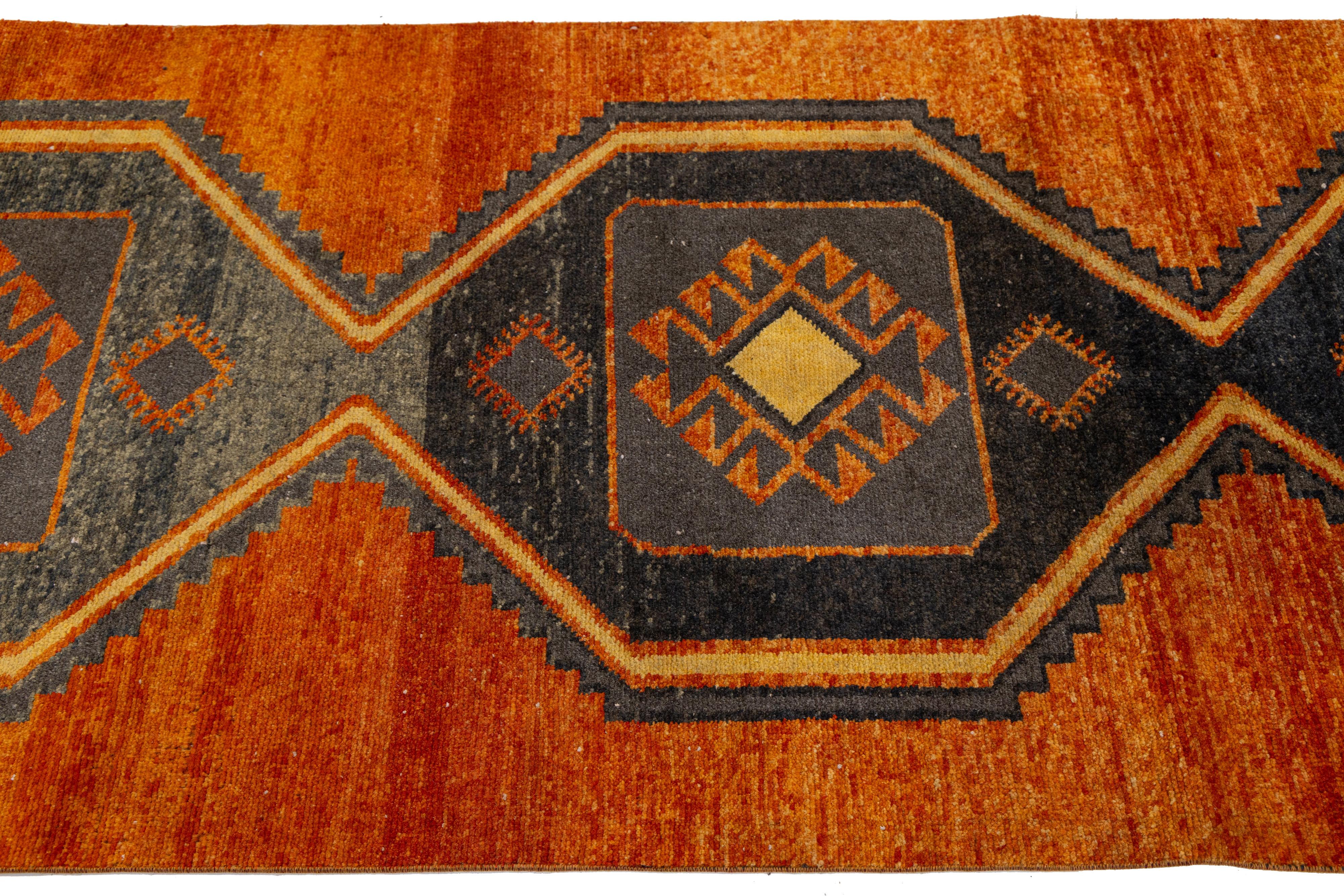 Vintage Turkish Wool Runner In Gray and Orange with Hexagonal Tribal Motifs For Sale 3