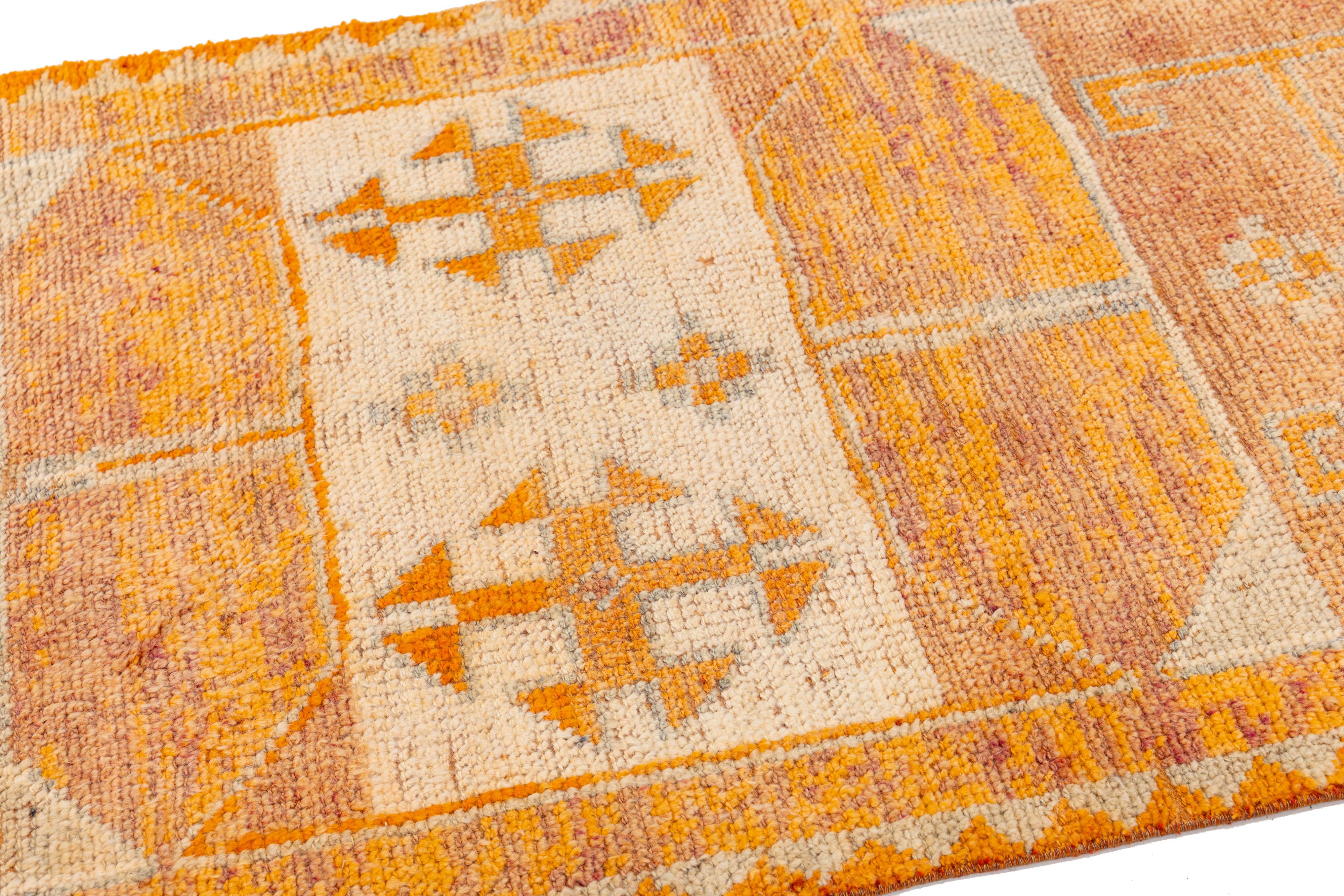 Vintage Turkish Wool Runner In Orange with Tribal Diamond Motifs For Sale 4