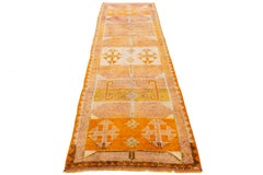 Vintage Turkish Wool Runner In Orange with Tribal Diamond Motifs