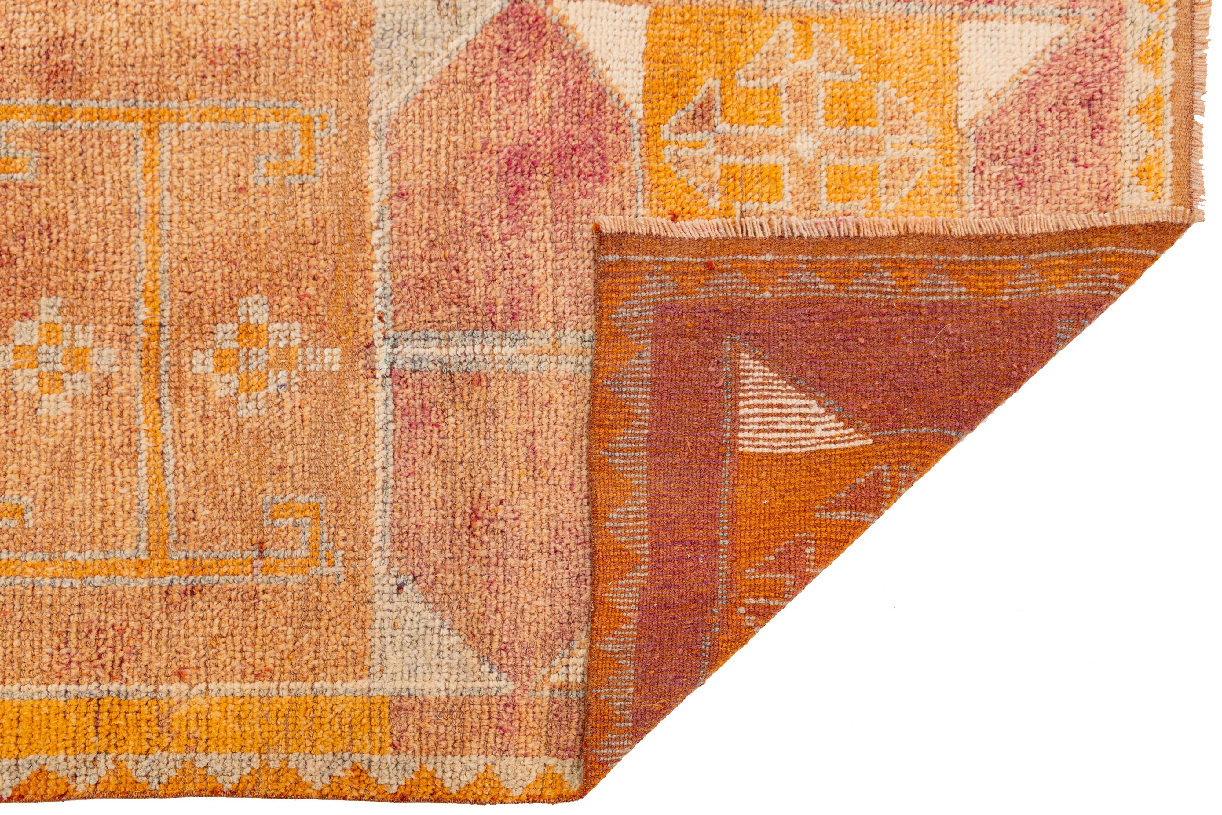 Mid-Century Modern Vintage Turkish Wool Runner In Orange with Tribal Diamond Motifs For Sale