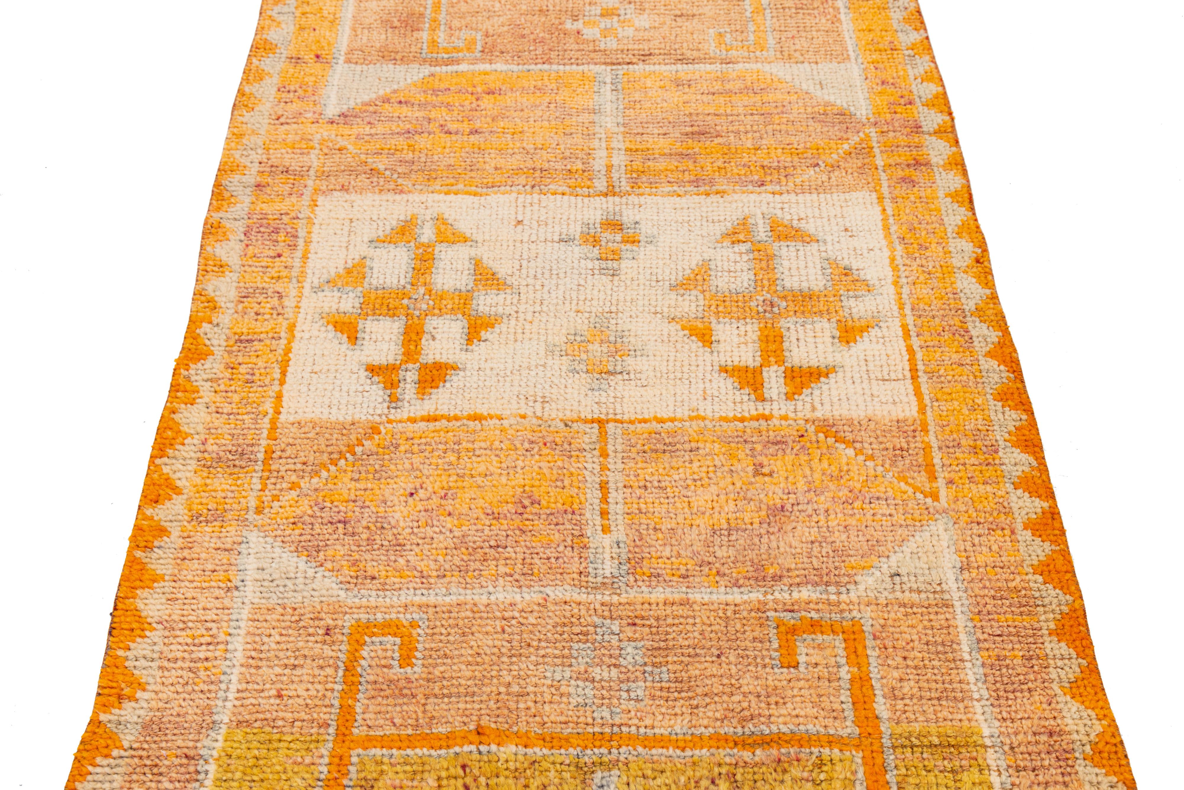 Vintage Turkish Wool Runner In Orange with Tribal Diamond Motifs For Sale 1