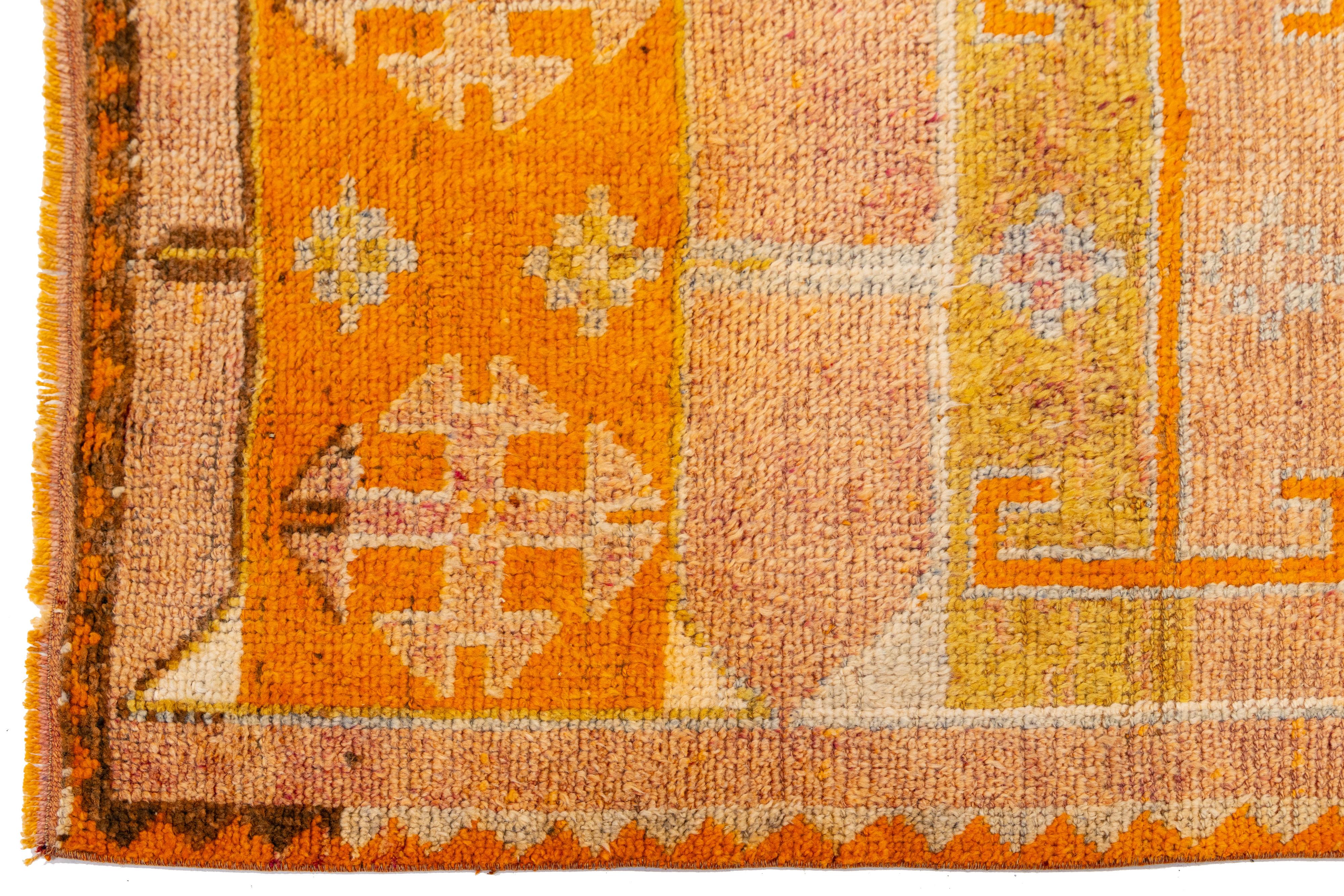 Vintage Turkish Wool Runner In Orange with Tribal Diamond Motifs For Sale 3
