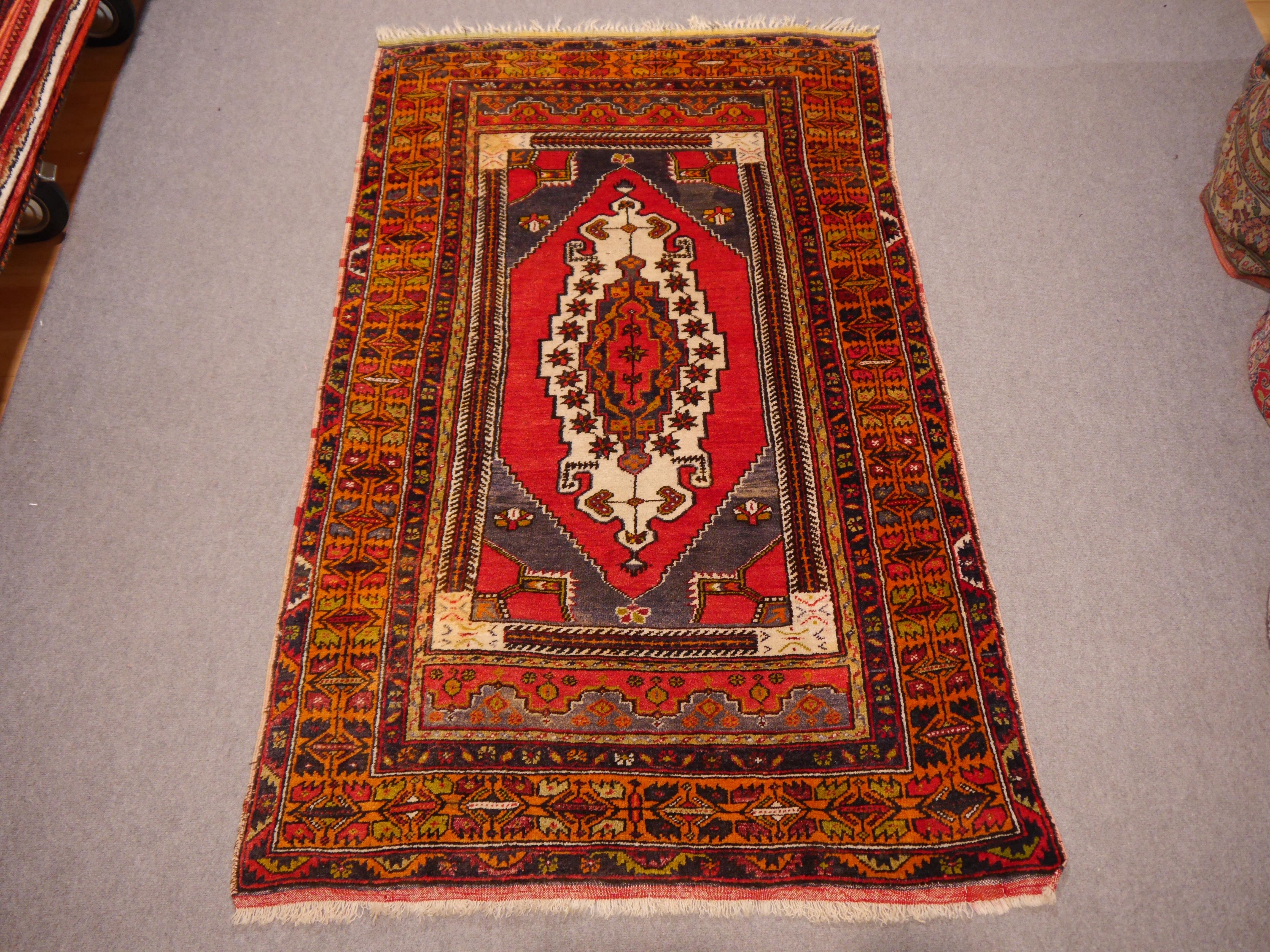 Vintage Rug Red Blue and Ivory Wool, hand knotted Persian Carpet For Sale 2