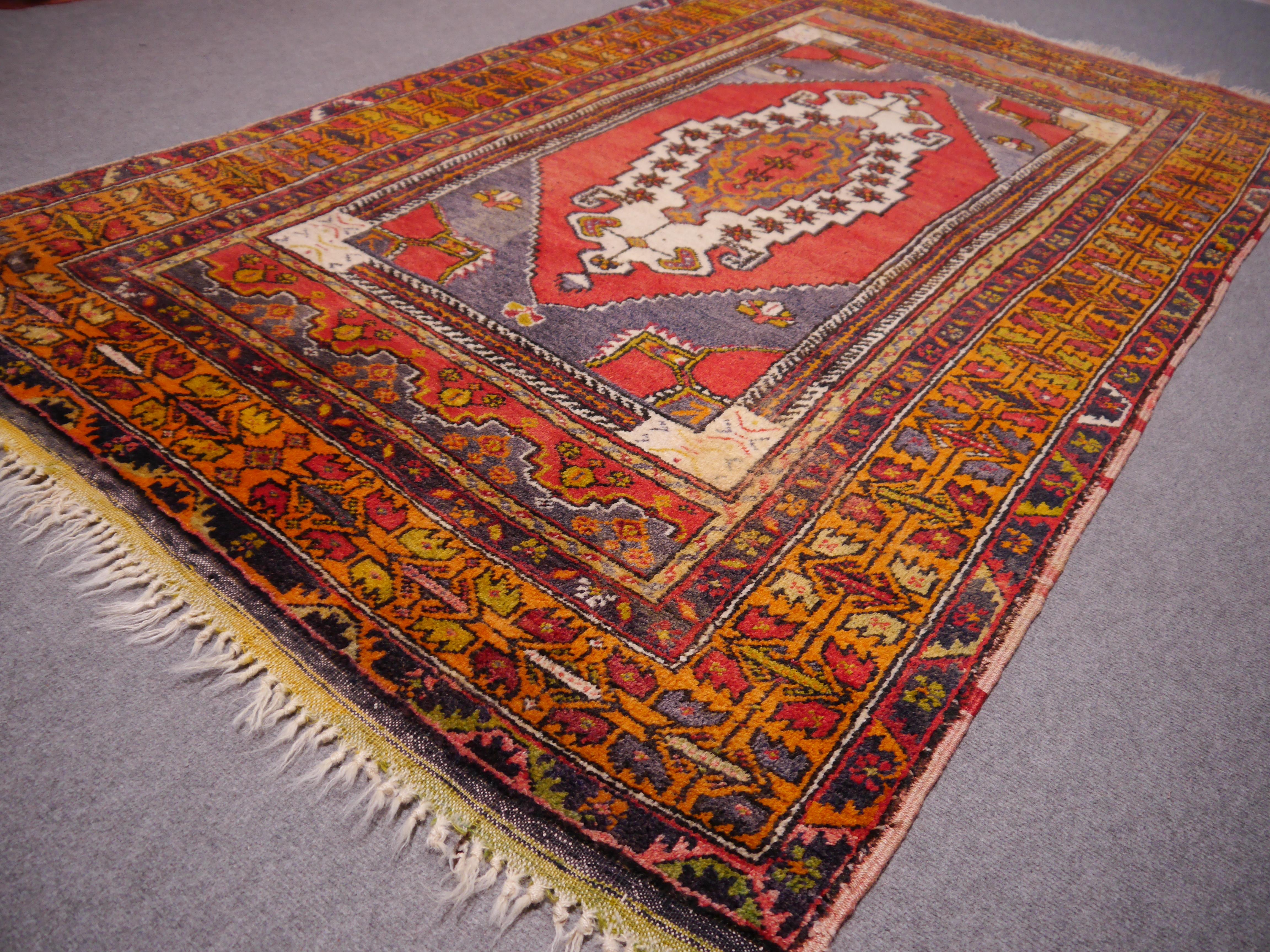 Vintage Rug Red Blue and Ivory Wool, hand knotted Persian Carpet For Sale 4