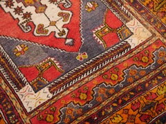 Yahyali Vintage Rug Red Blue and Ivory Wool, hand knotted semi antique Carpet