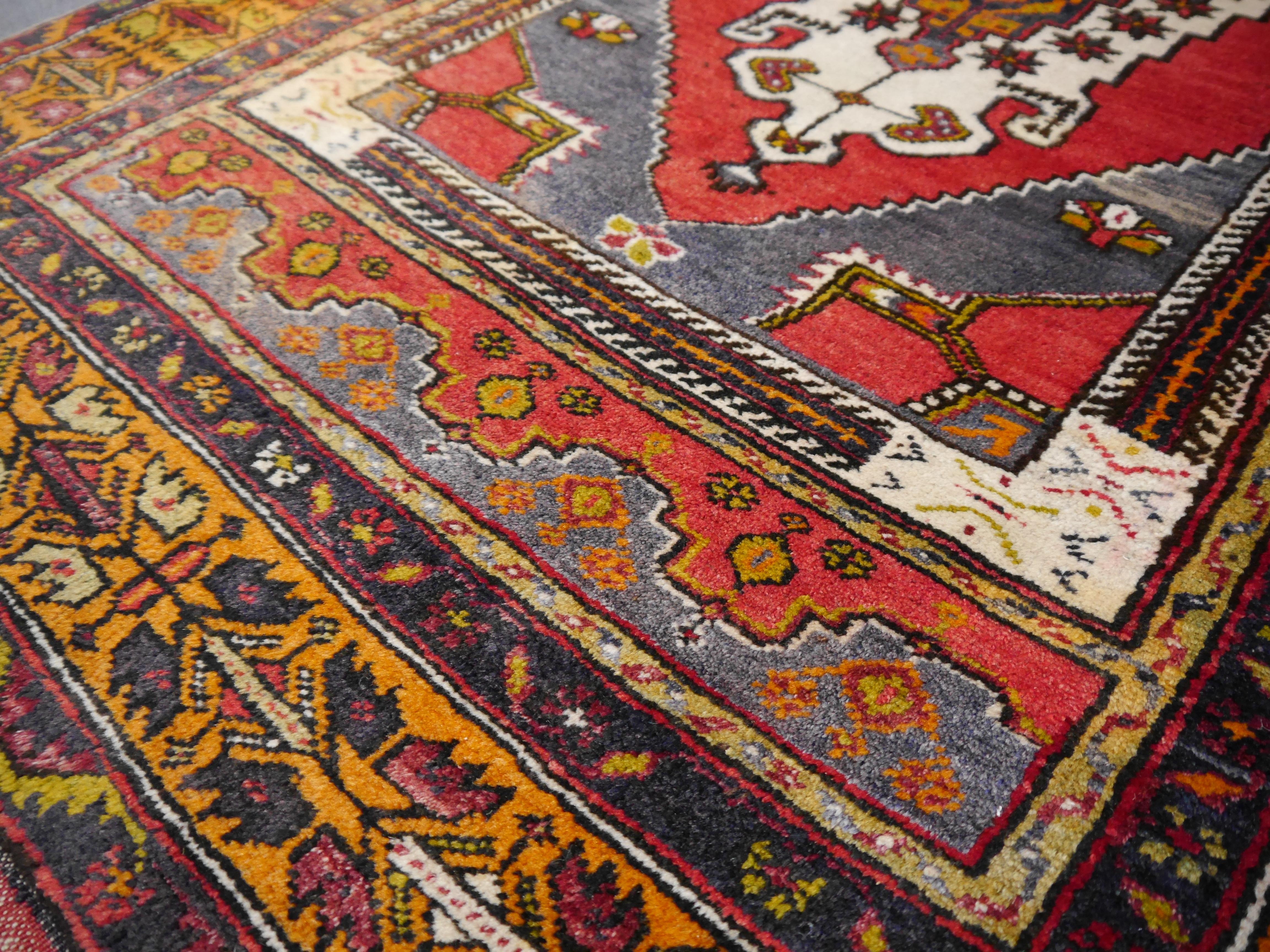 Mid-20th Century Vintage Rug Red Blue and Ivory Wool, hand knotted Persian Carpet For Sale