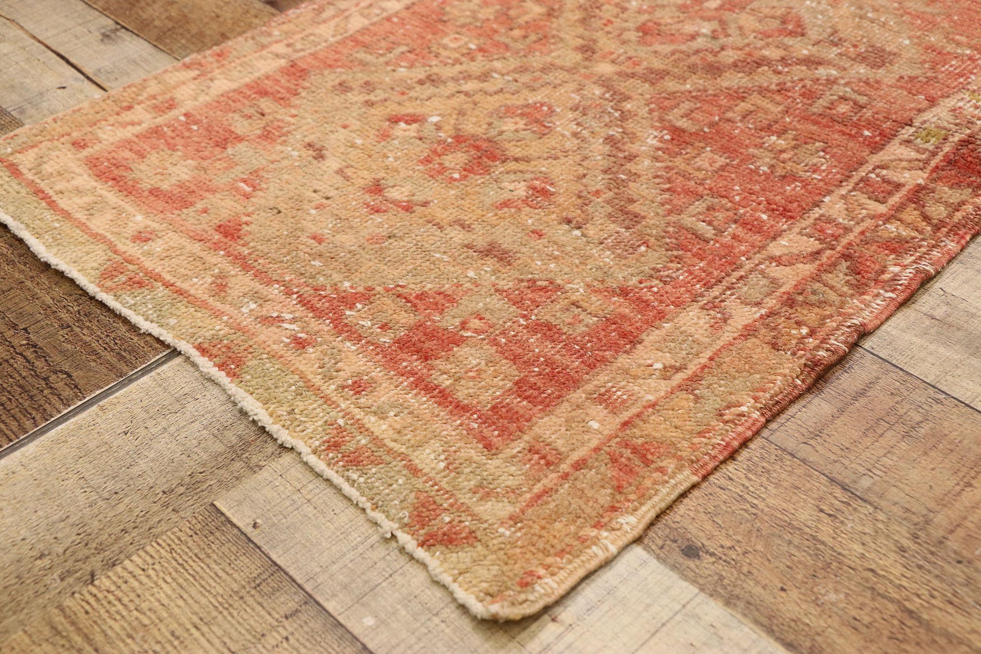 51821 Distressed Vintage Turkish Yastik Rug, 01'07 x 02'09. This hand-knotted wool distressed vintage Turkish Yastik rug is a charming example of timeworn beauty, where history and craftsmanship converge in a piece that tells a story of tradition