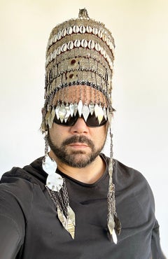 Vintage Turkman Bridal Ceremonial Headdress, Heavily Adorned on Stand