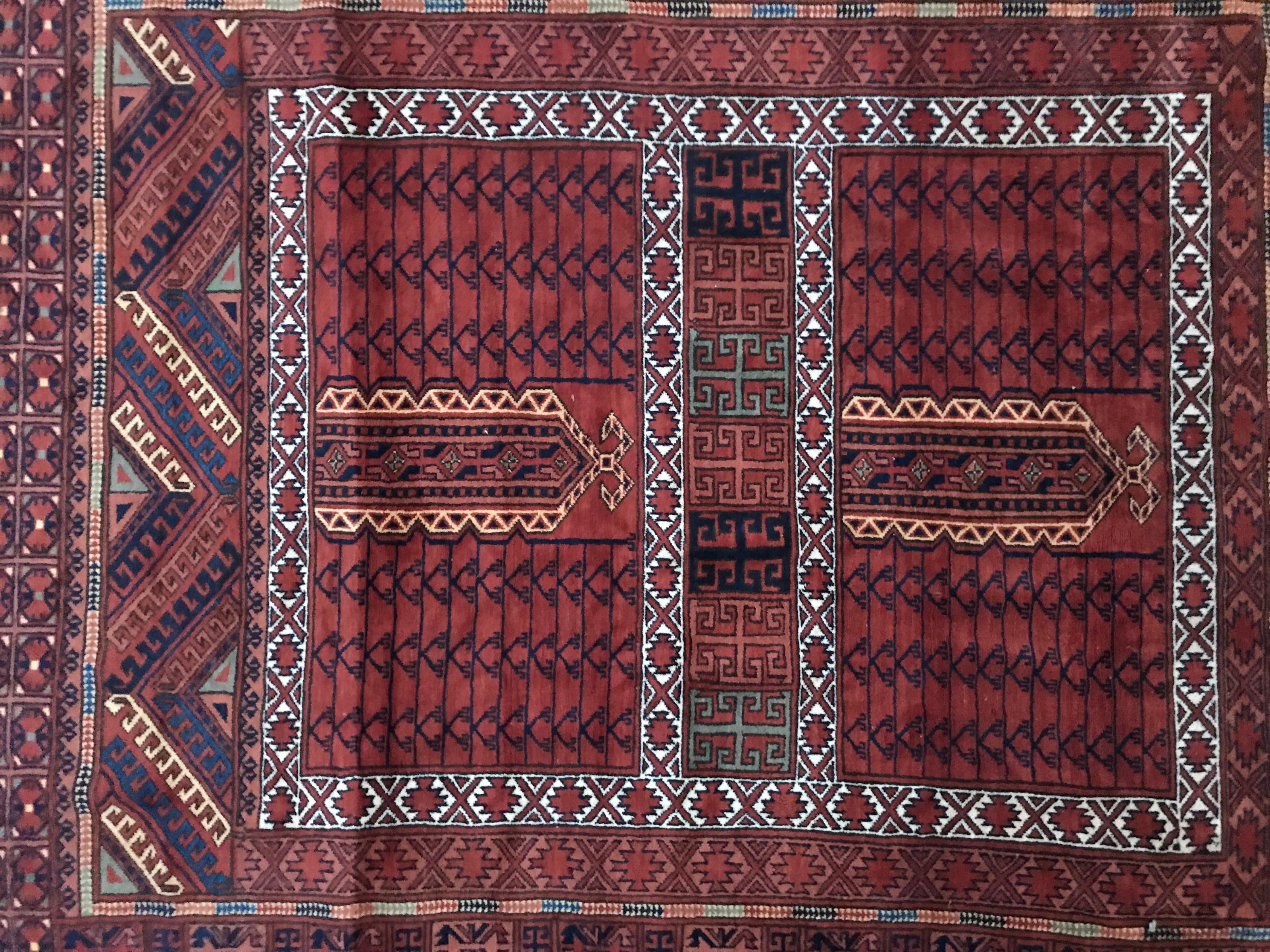 Hand-Knotted Vintage Turkmen Afghan Hatchlou Design Rug