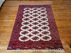 Vintage Turkmen Area Rug in All Over Geometric Pattern in Ivory, Red, Black
