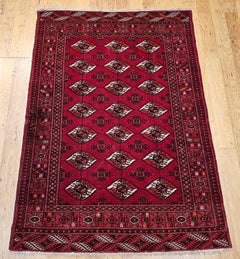 Vintage Turkmen Area Rug in All Over Geometric Pattern in Red, Ivory, Black