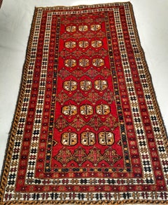 Vintage Turkmen Area Rug with Geometric Medallions Design in Red, Ivory, Blue