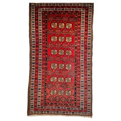 Vintage Turkmen Area Rug with Geometric Medallions Design in Red, Ivory, Blue