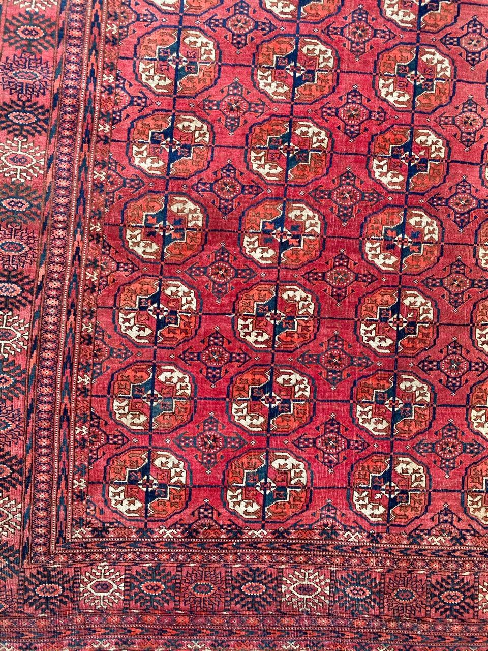 Nice vintage Turkmen rug with beautiful Bokhara design and nice colors, entirely hand knotted with wool velvet on wool foundation.