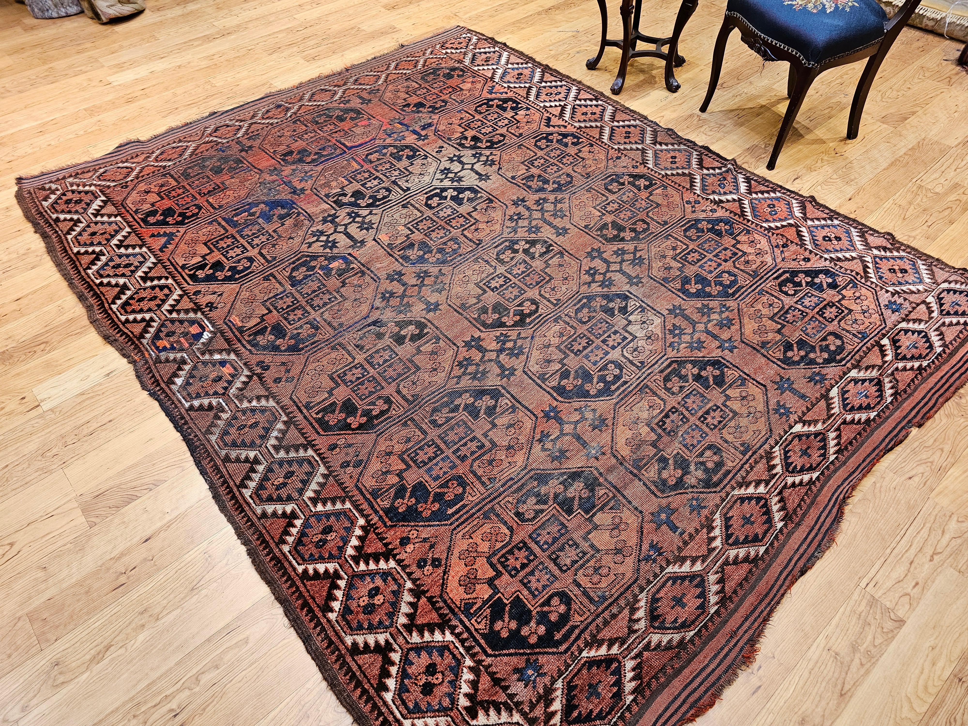 Vintage Turkmen Ersari in Allover Geometric Pattern in Brick Red, Blue, Navy For Sale 4