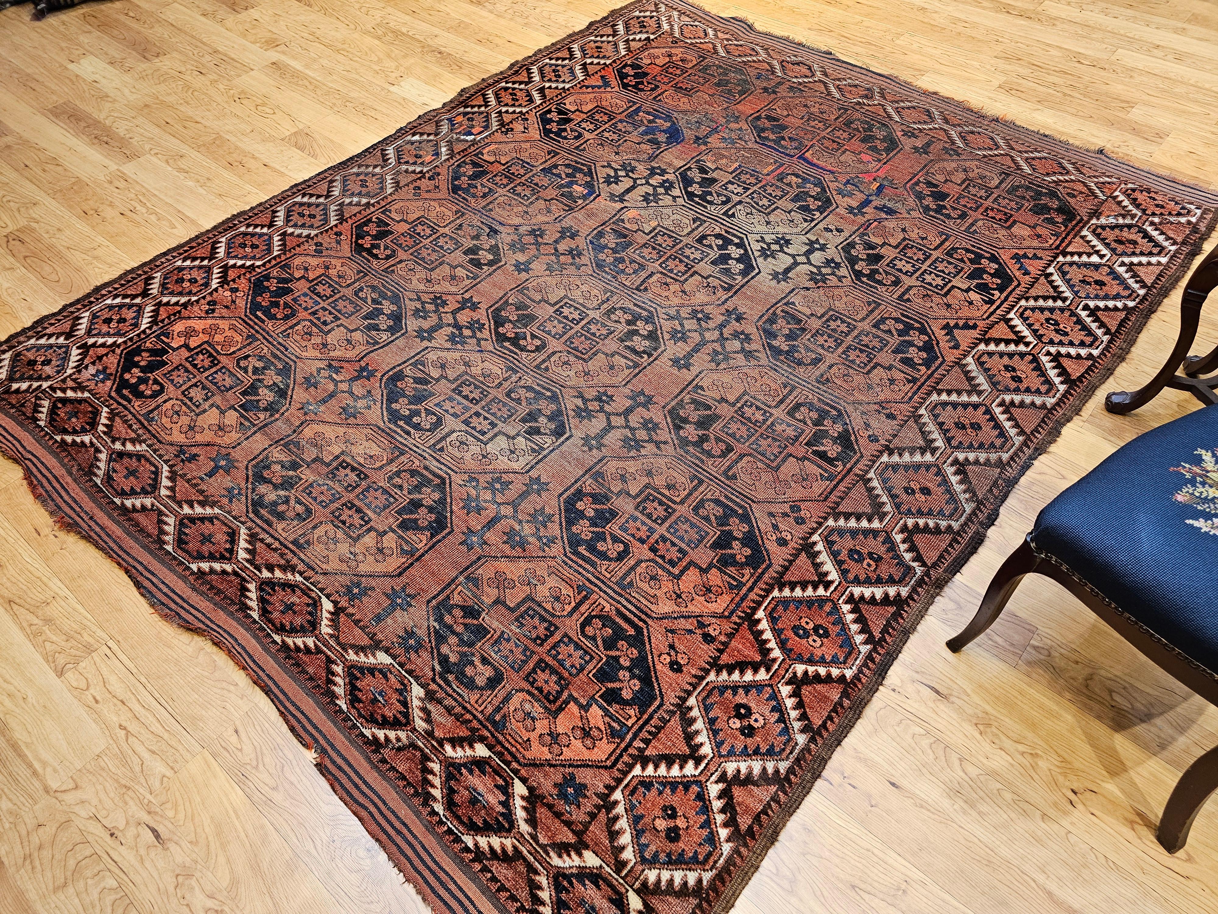 Vintage Turkmen Ersari in Allover Geometric Pattern in Brick Red, Blue, Navy For Sale 6