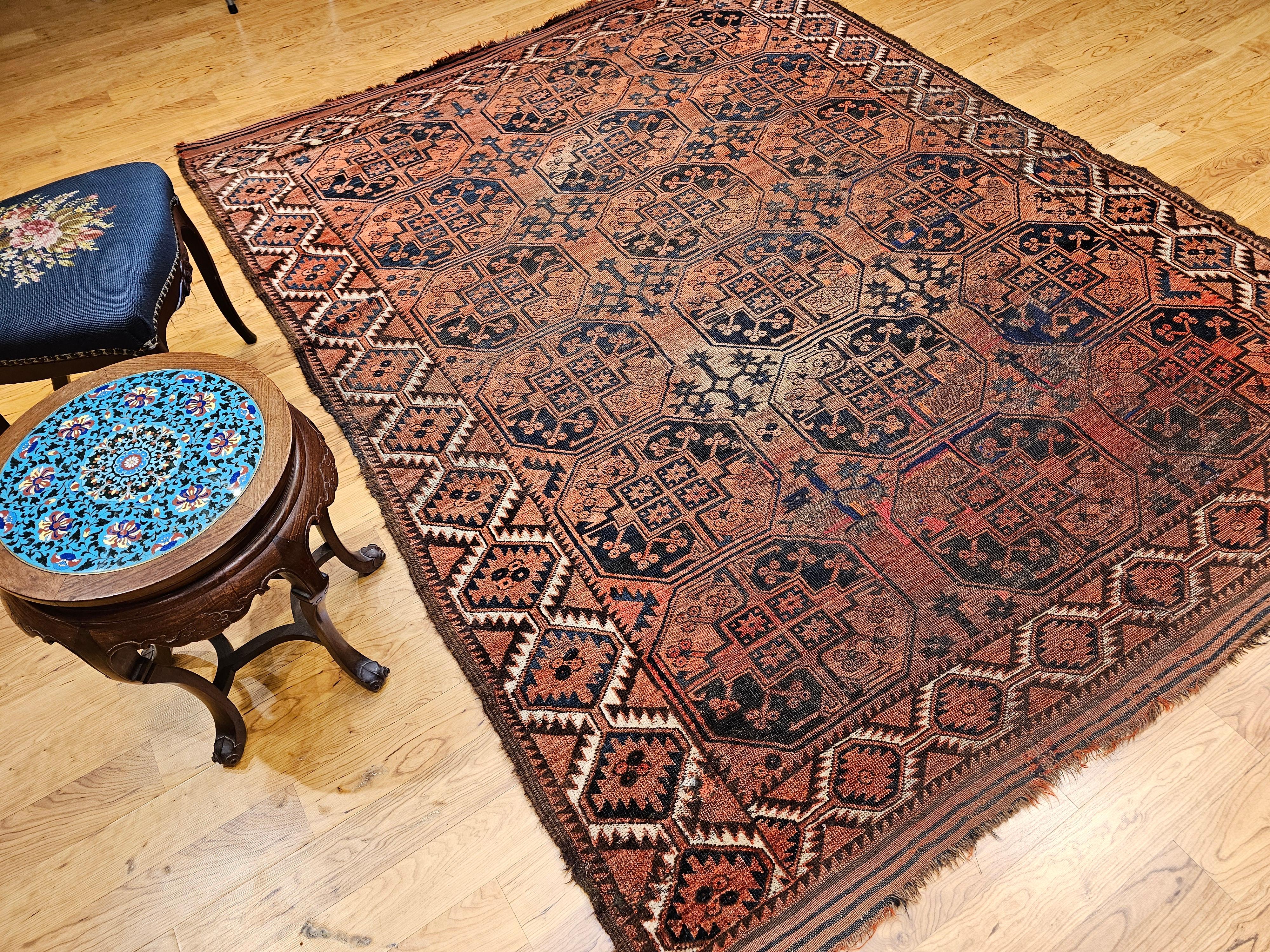 Vintage Turkmen Ersari in Allover Geometric Pattern in Brick Red, Blue, Navy For Sale 7