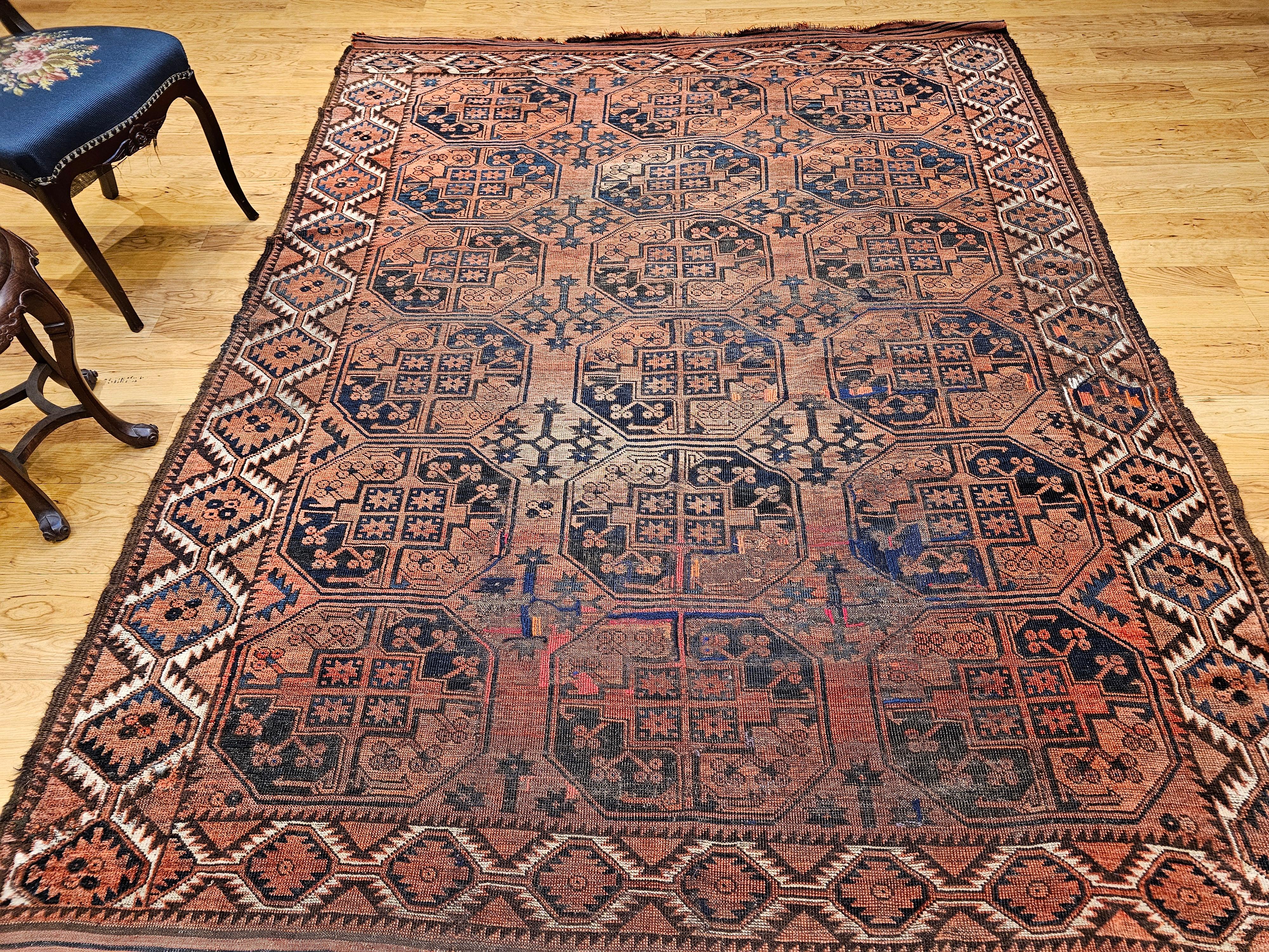 Vintage Turkmen Ersari in Allover Geometric Pattern in Brick Red, Blue, Navy For Sale 8
