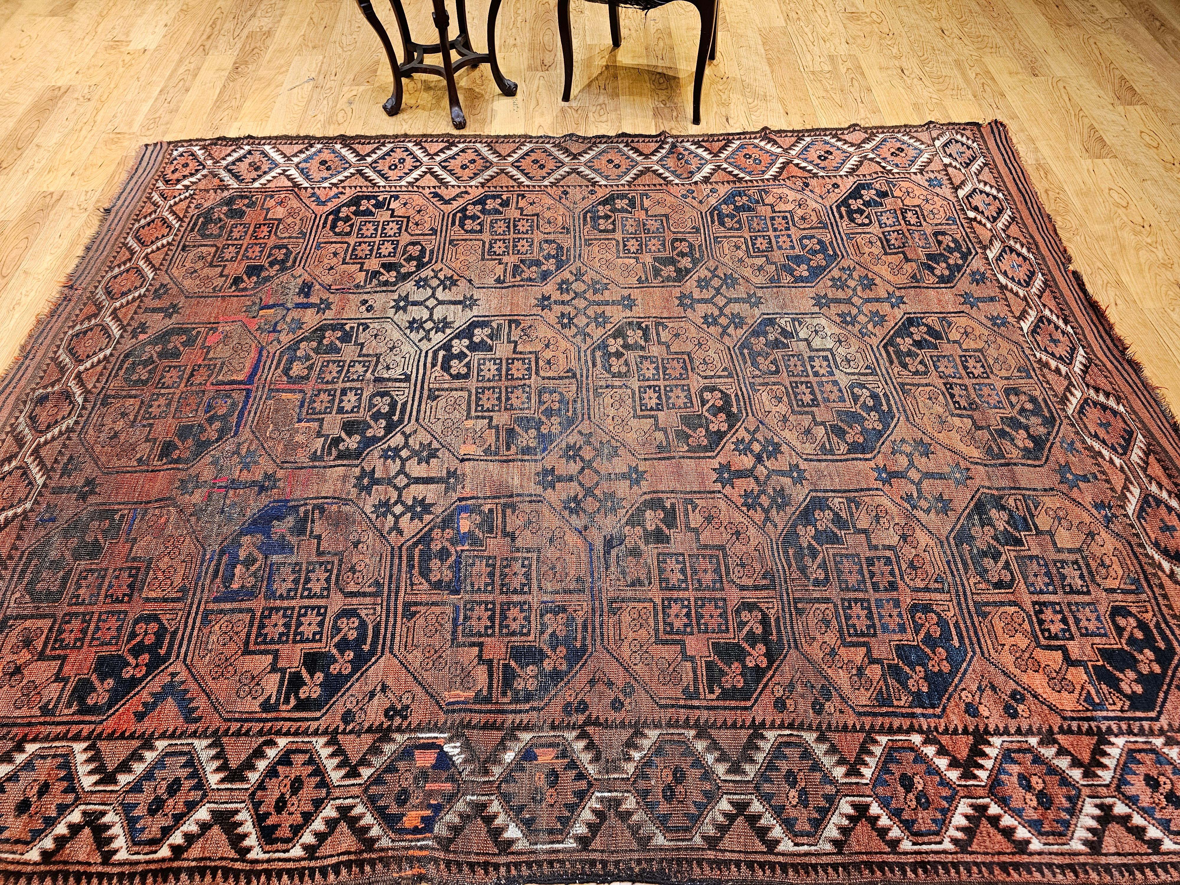 Vintage Turkmen Ersari in Allover Geometric Pattern in Brick Red, Blue, Navy For Sale 10