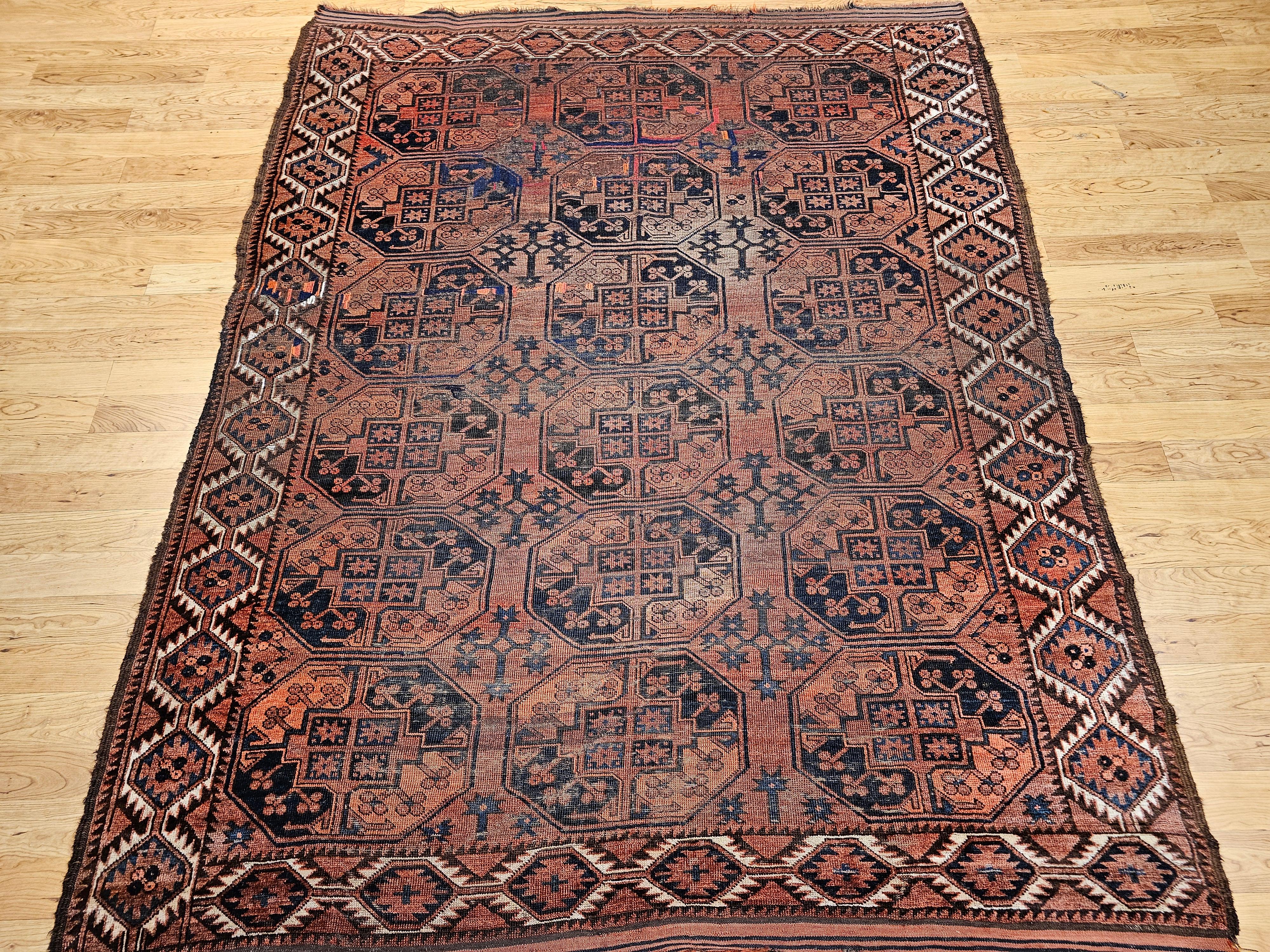 Vintage Turkmen Ersari in Allover Geometric Pattern in Brick Red, Blue, Navy For Sale 11