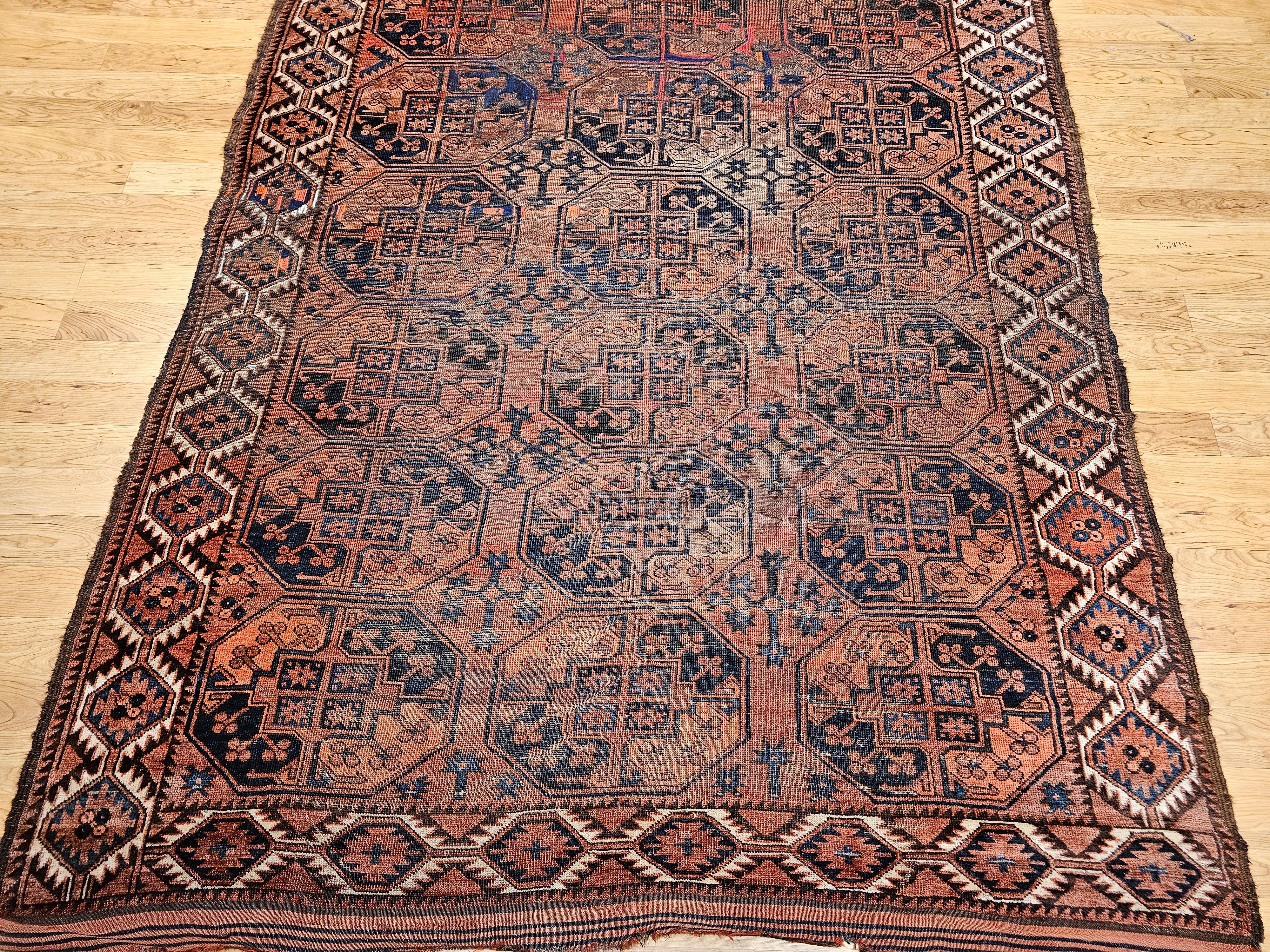 Vegetable Dyed Vintage Turkmen Ersari in Allover Geometric Pattern in Brick Red, Blue, Navy For Sale
