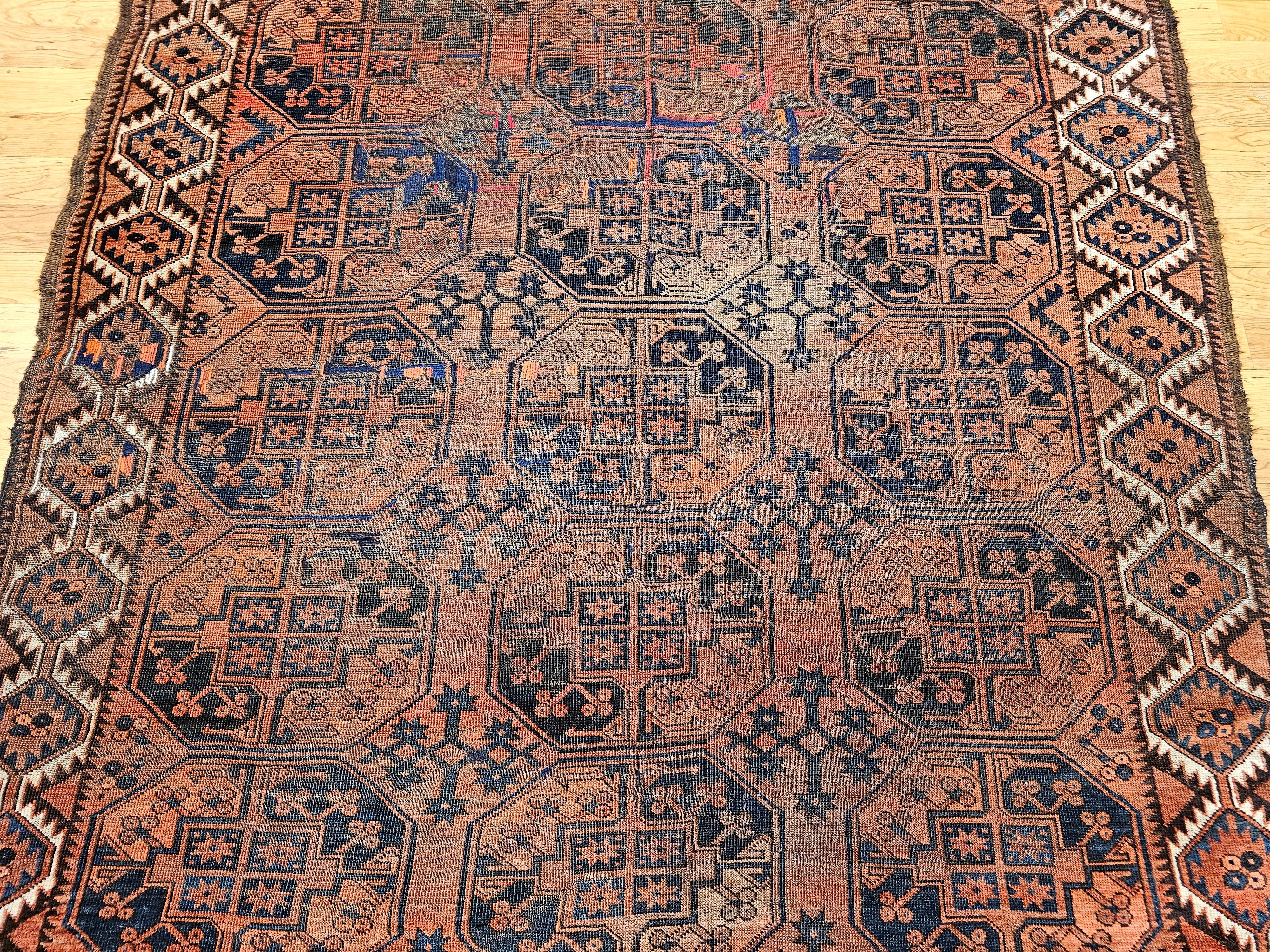 Vintage Turkmen Ersari in Allover Geometric Pattern in Brick Red, Blue, Navy In Good Condition For Sale In Barrington, IL