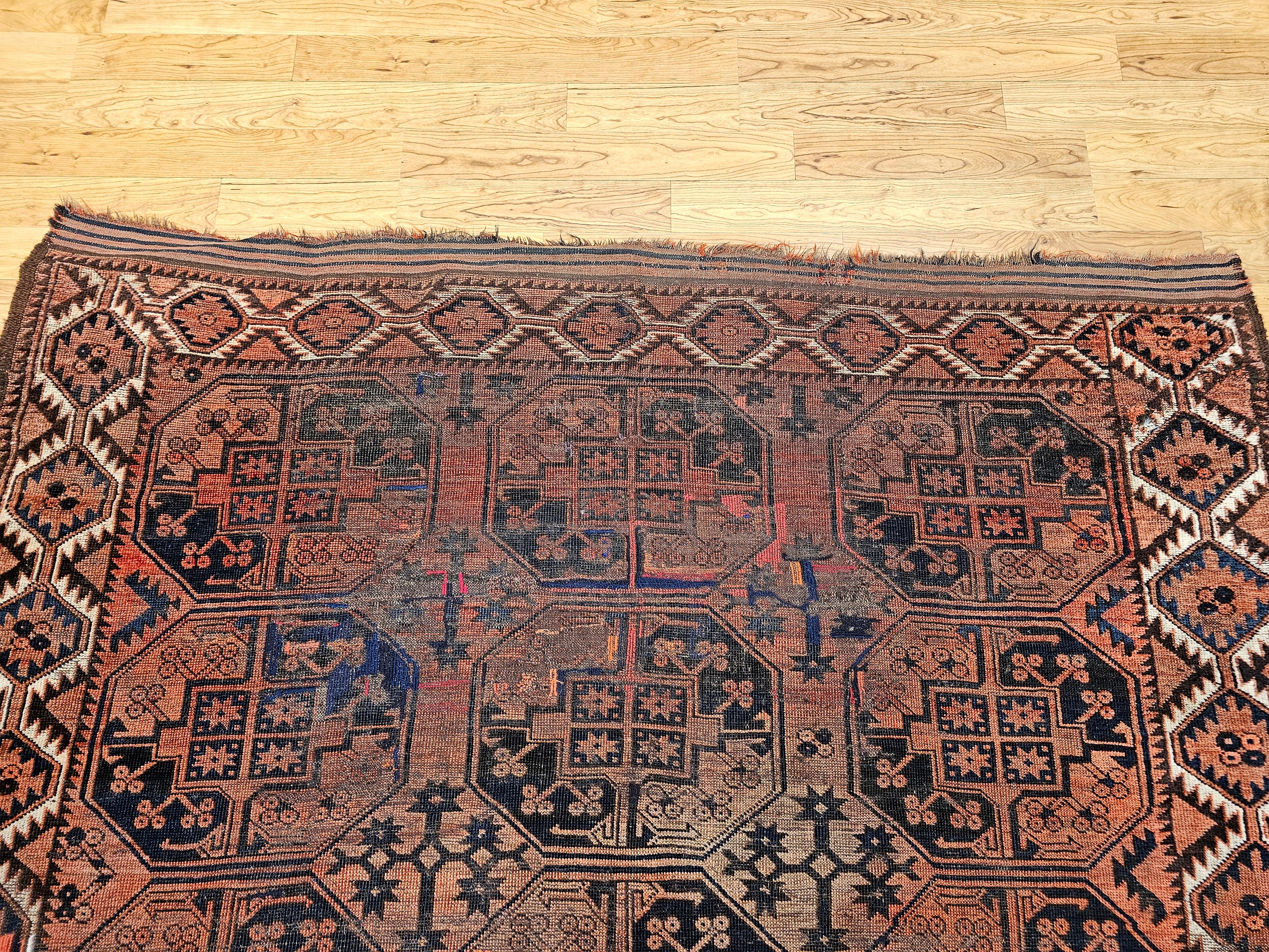 20th Century Vintage Turkmen Ersari in Allover Geometric Pattern in Brick Red, Blue, Navy For Sale