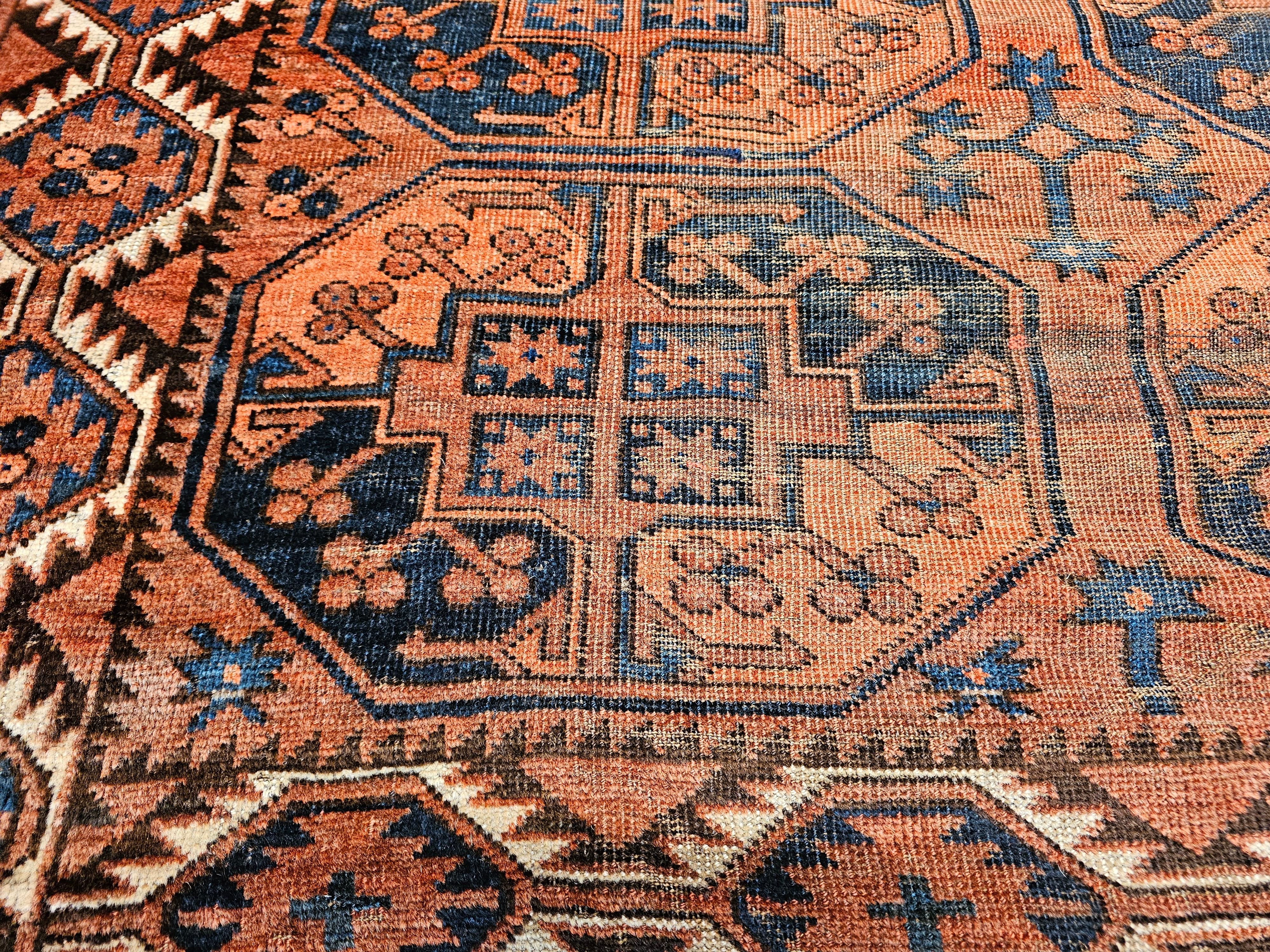 Vintage Turkmen Ersari in Allover Geometric Pattern in Brick Red, Blue, Navy For Sale 2