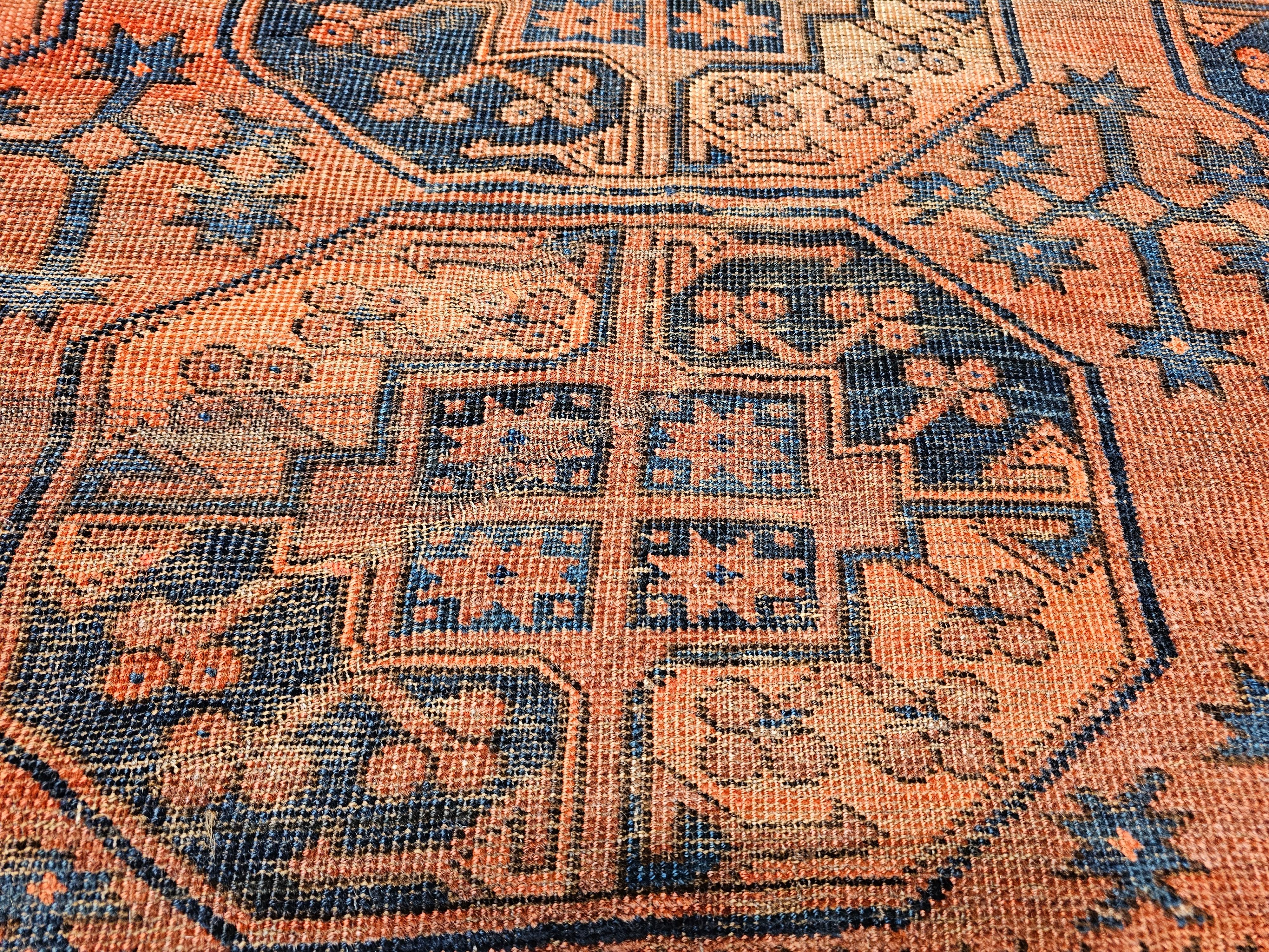 Vintage Turkmen Ersari in Allover Geometric Pattern in Brick Red, Blue, Navy For Sale 3