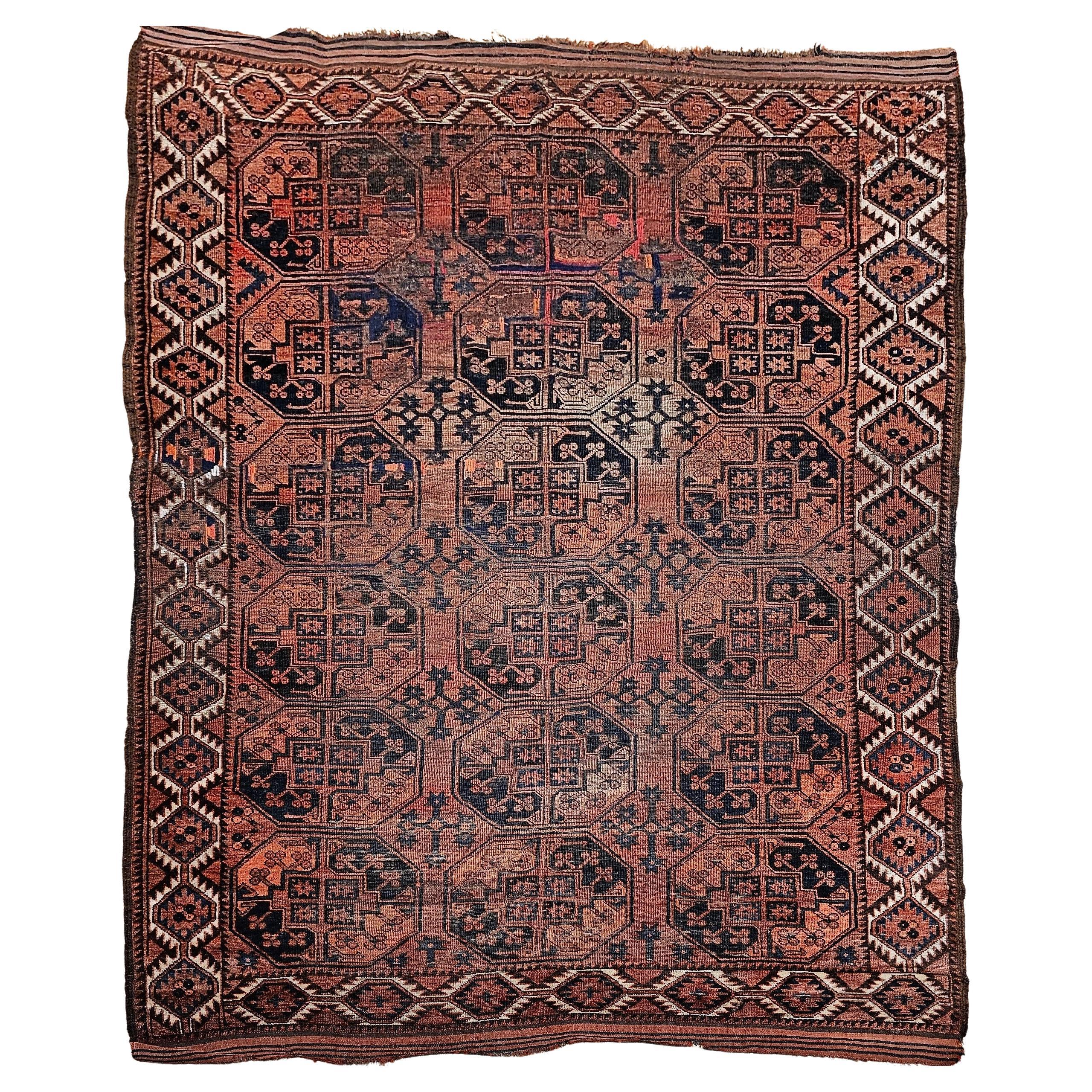 Vintage Turkmen Ersari in Allover Geometric Pattern in Brick Red, Blue, Navy
