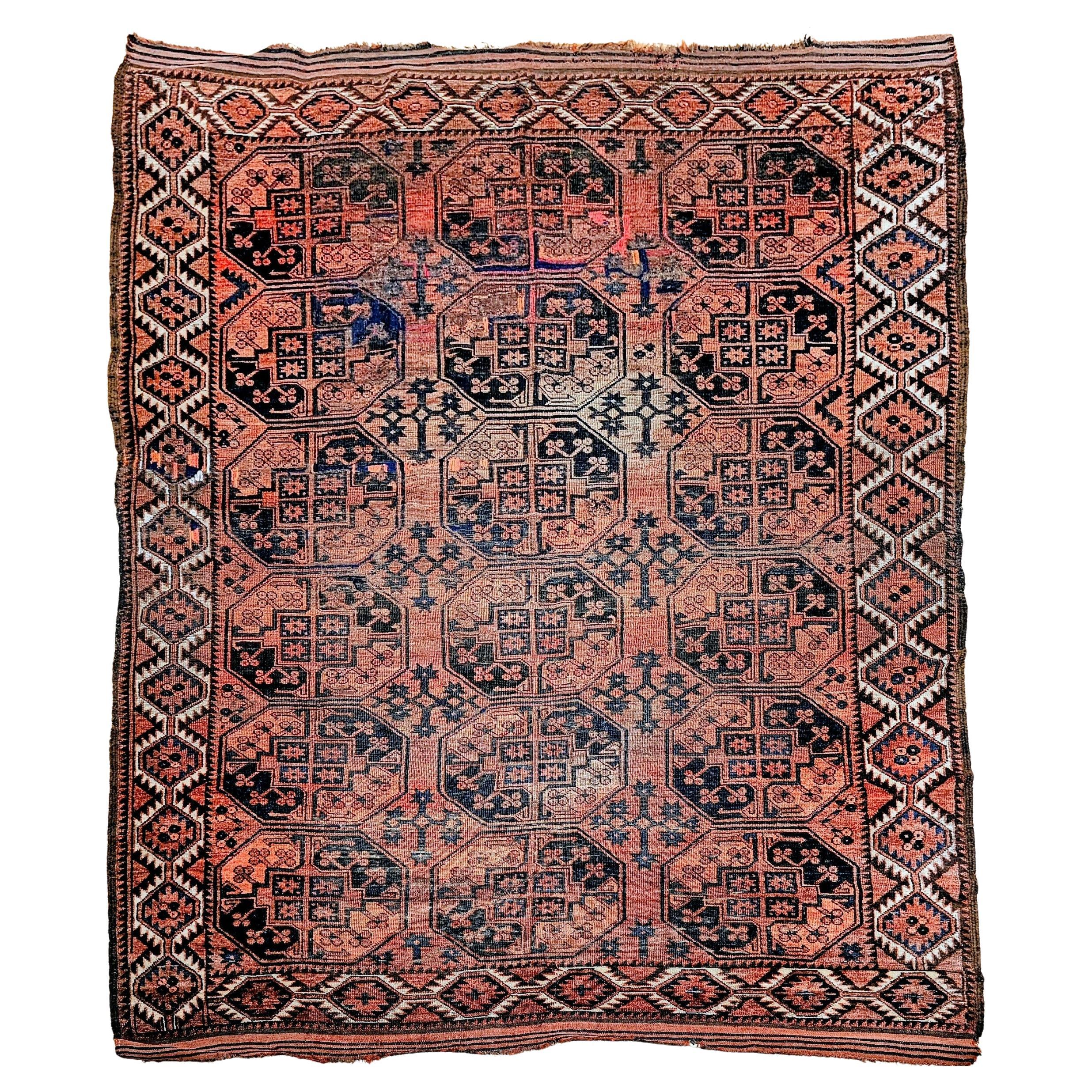 Ersari turc vintage à motif géométrique en rouge brique, bleu et bleu marine
