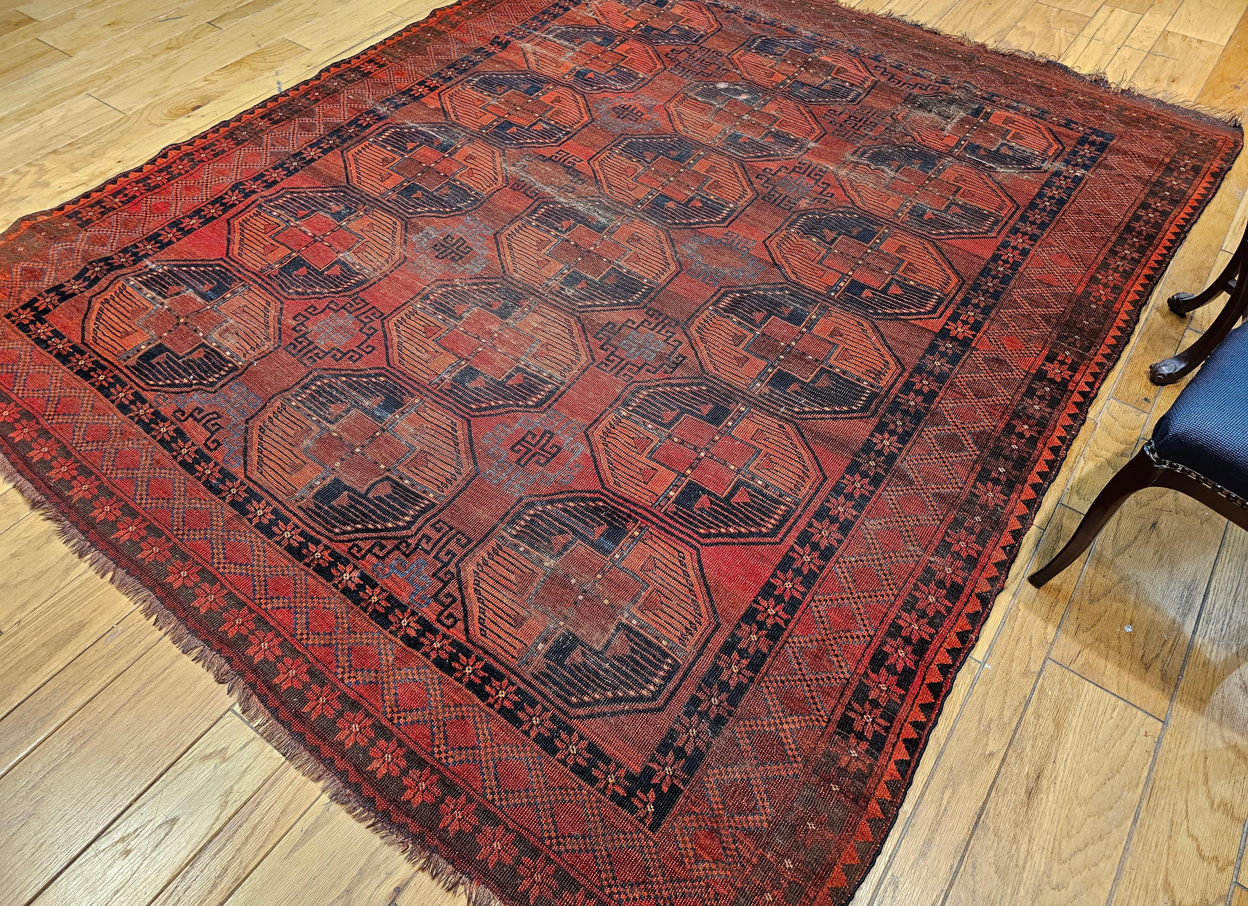 Vintage Turkmen Ersari in Allover Geometric Pattern in Red, Green, Black For Sale 11