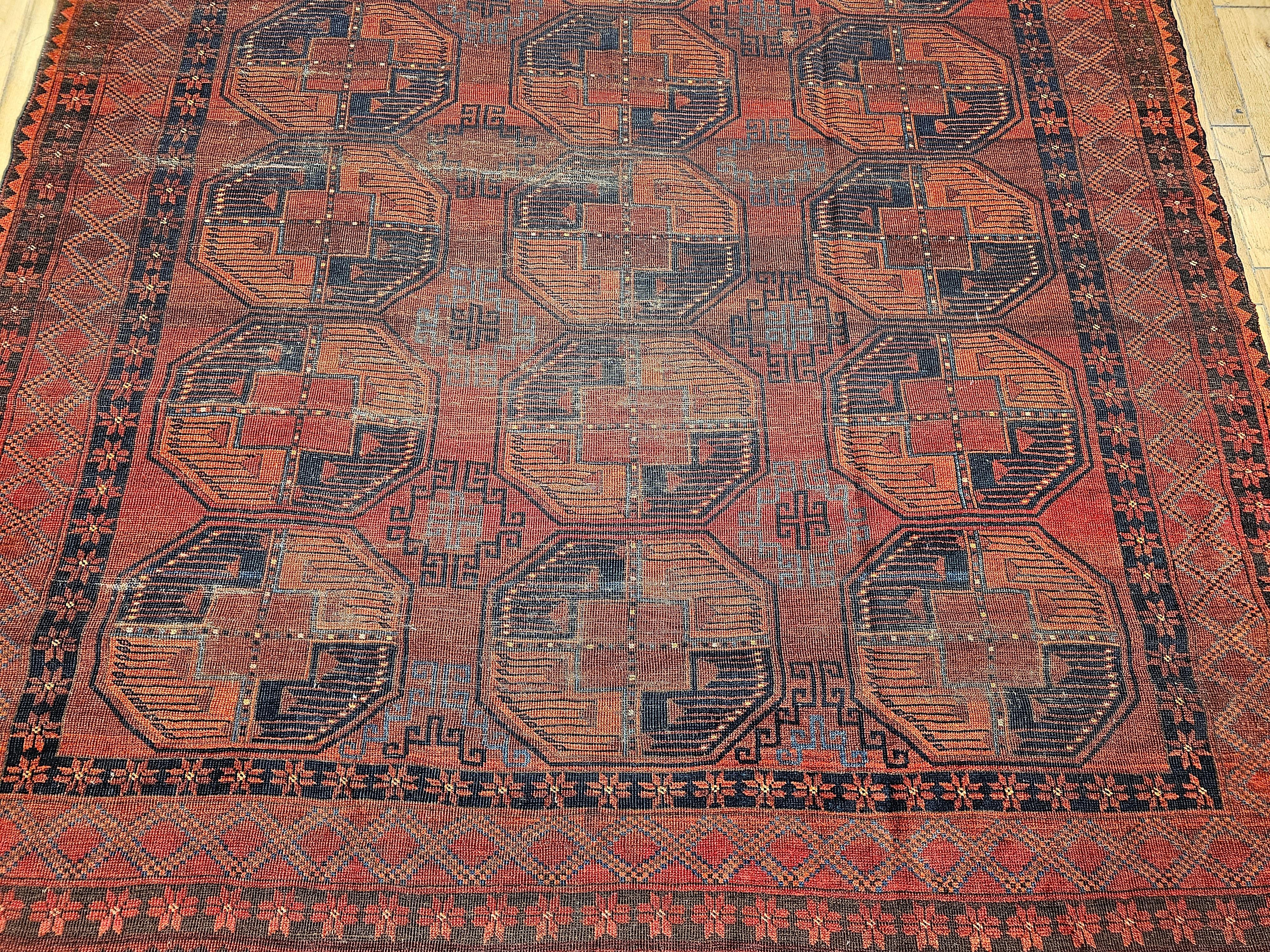 Vintage Turkmen Ersari in Allover Geometric Pattern in Red, Green, Black In Good Condition For Sale In Barrington, IL