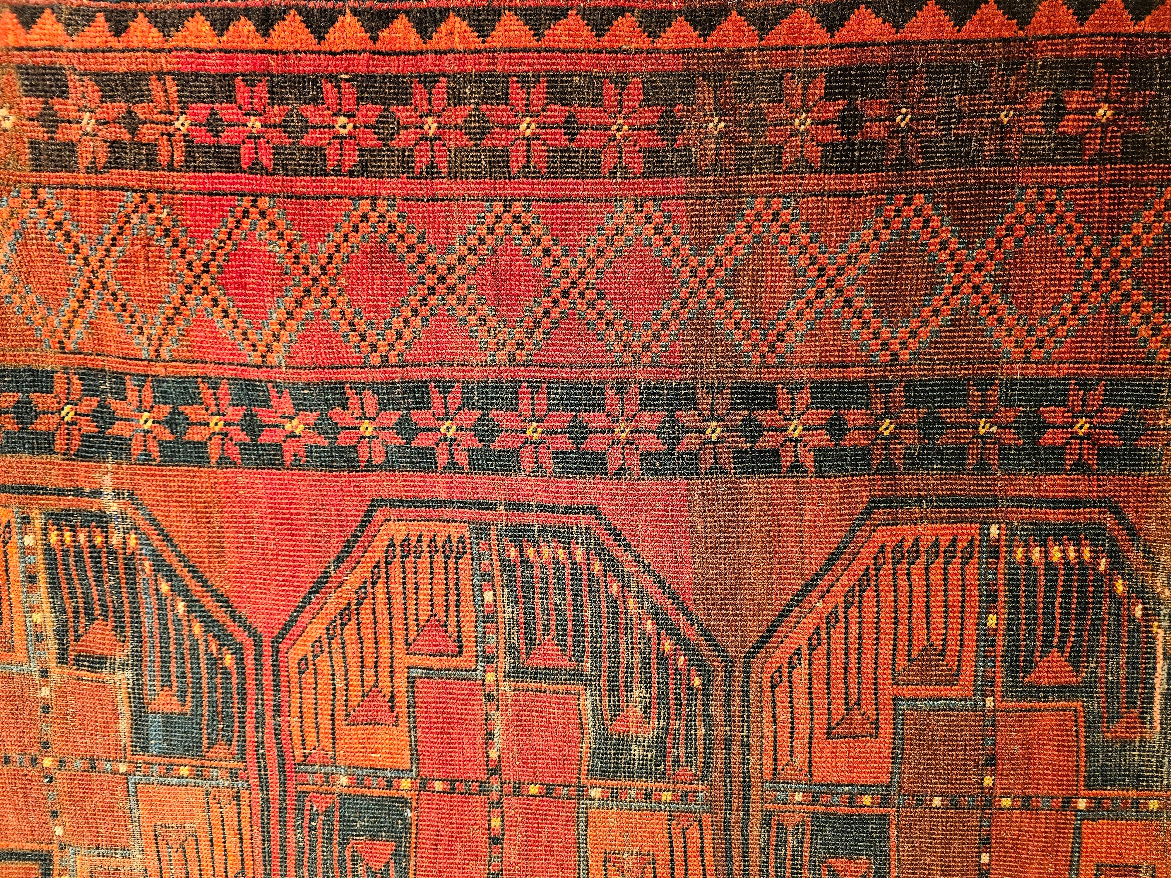 Vintage Turkmen Ersari in Allover Geometric Pattern in Red, Green, Black For Sale 1
