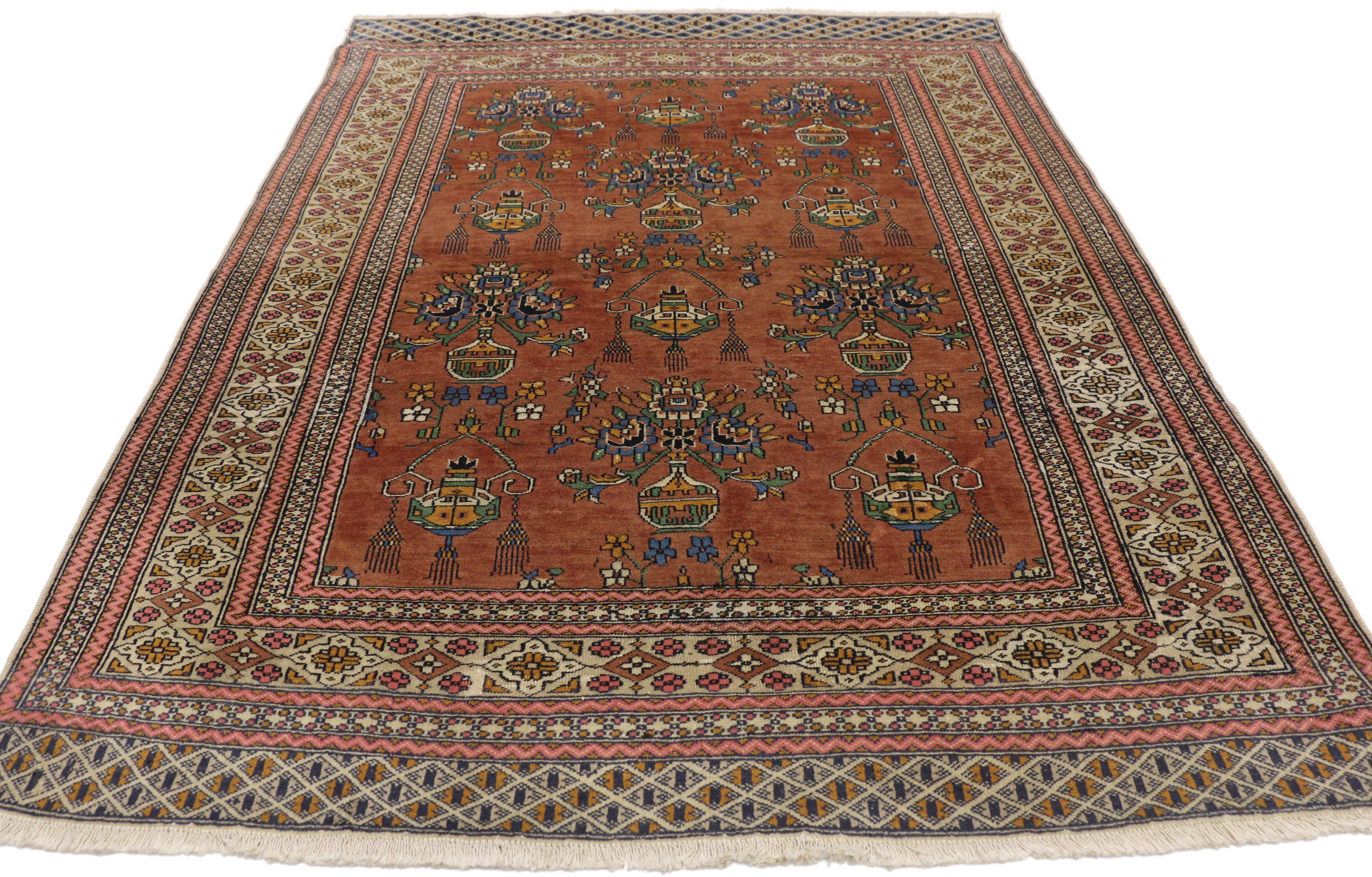 Arts and Crafts Vintage Turkmen Persian Rug with Floral Vase Design and Arts & Crafts Style