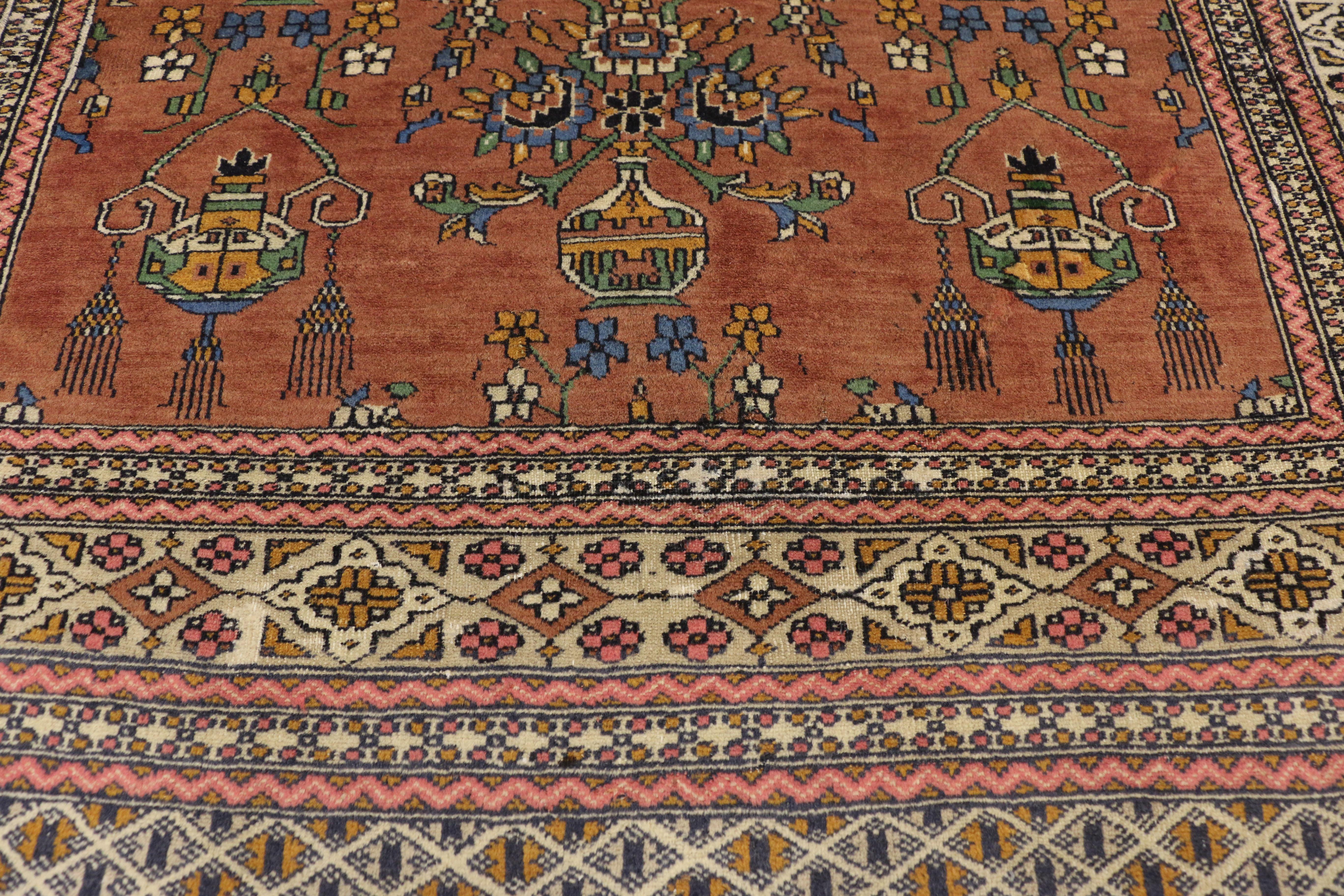 Hand-Knotted Vintage Turkmen Persian Rug with Floral Vase Design and Arts & Crafts Style