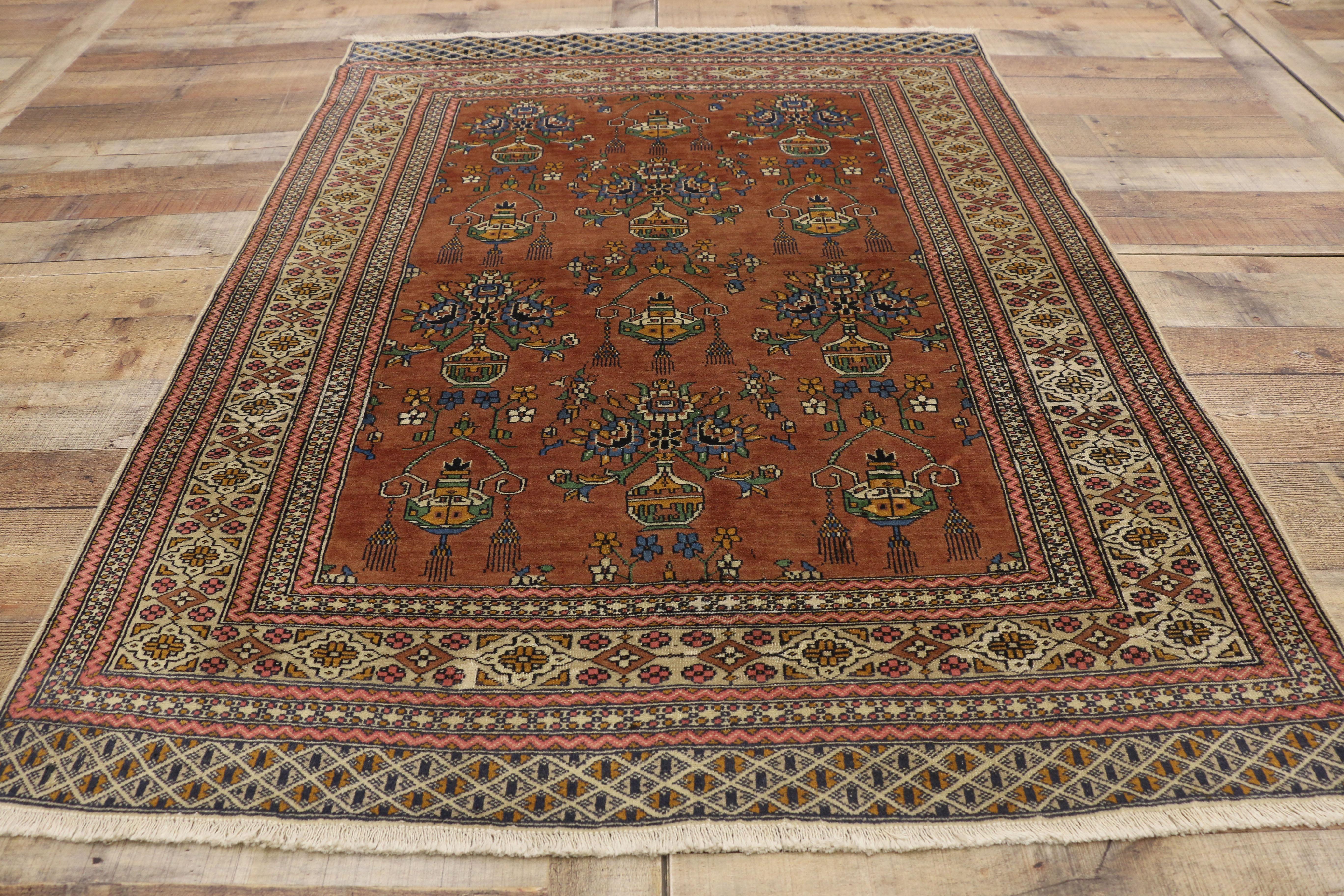 Wool Vintage Turkmen Persian Rug with Floral Vase Design and Arts & Crafts Style