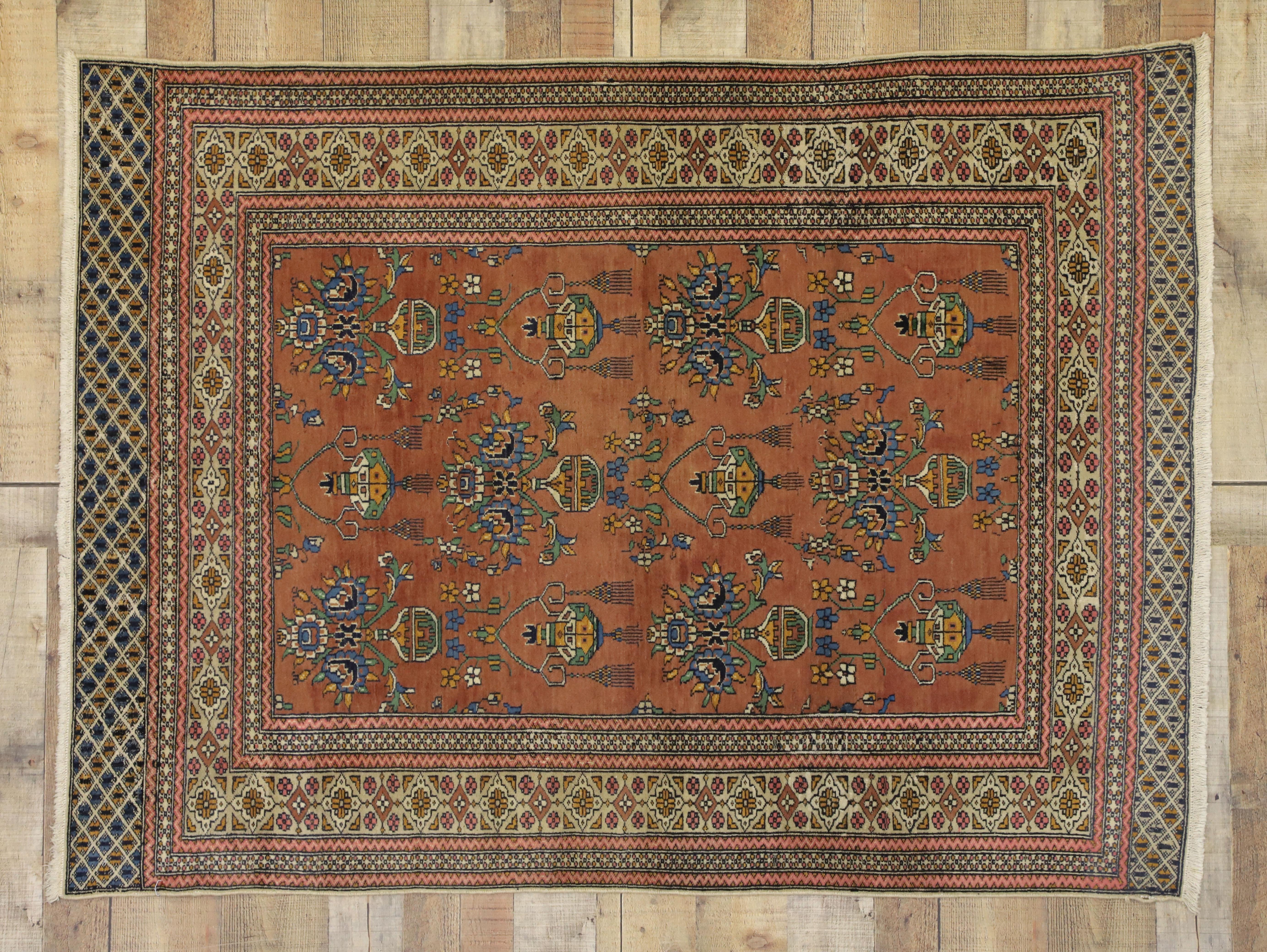 Vintage Turkmen Persian Rug with Floral Vase Design and Arts & Crafts Style 1