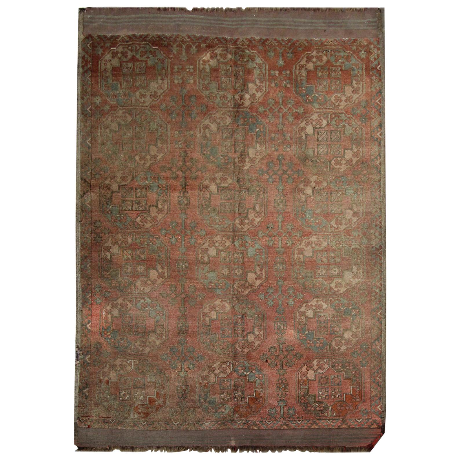 Vintage Turkmen Rug, Handwoven Wool Carpet Rust Area Rug