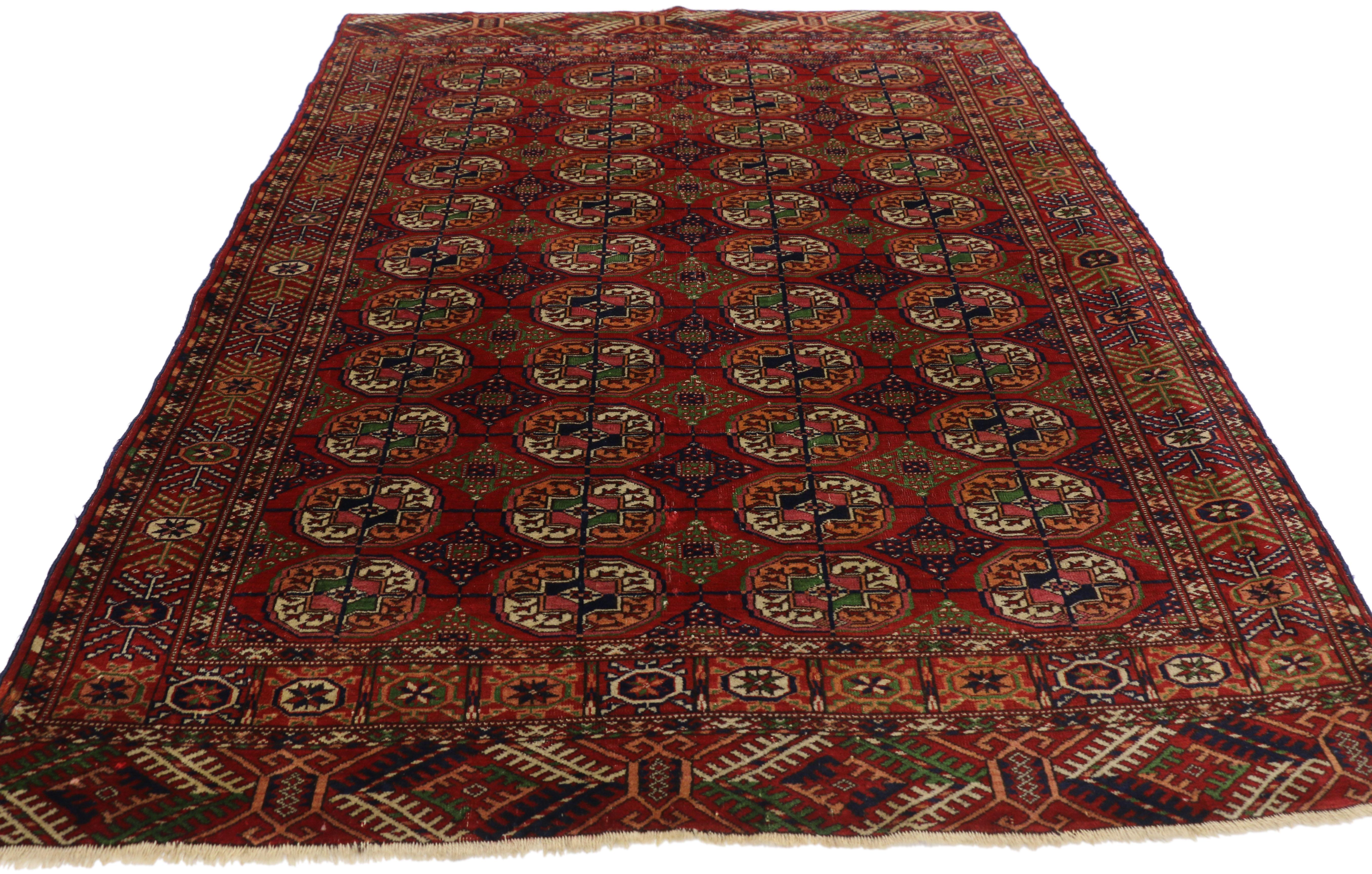 Russian Vintage Turkmen Rug with Modern Tribal Style, Tekke Accent Rug, Turkoman Rug For Sale